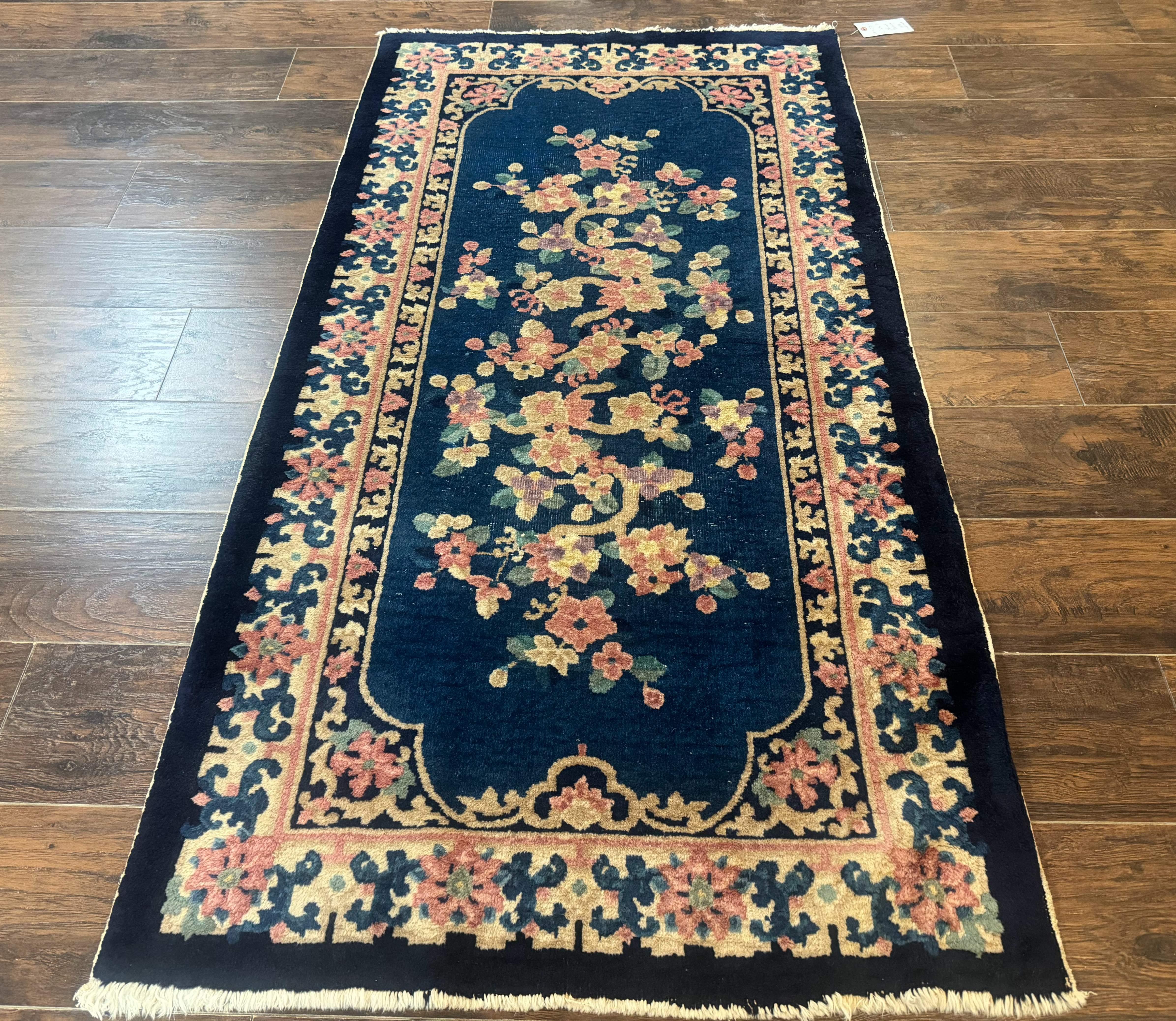 Blue and Beige Chinese Wool Rug 3x6, Chinese Fete Rug, Peking Rug, Antique Chinese Carpet - Jewel Rugs