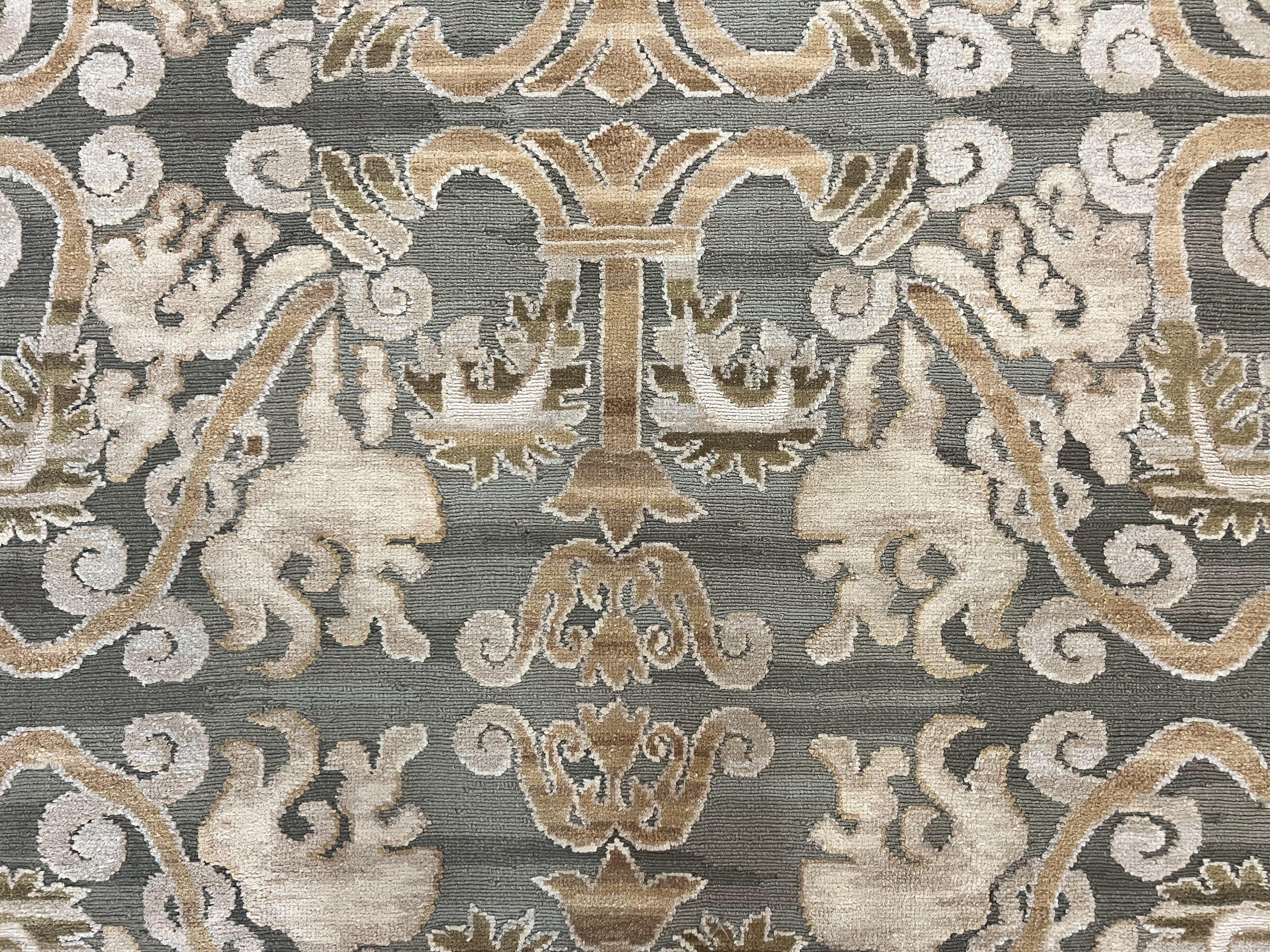 Spanish Rug 11x14, Wool Hand Knotted Vintage Carpet, Olive Green and Beige, Floral Allover, European Design, 11 x 14 Rug - Jewel Rugs