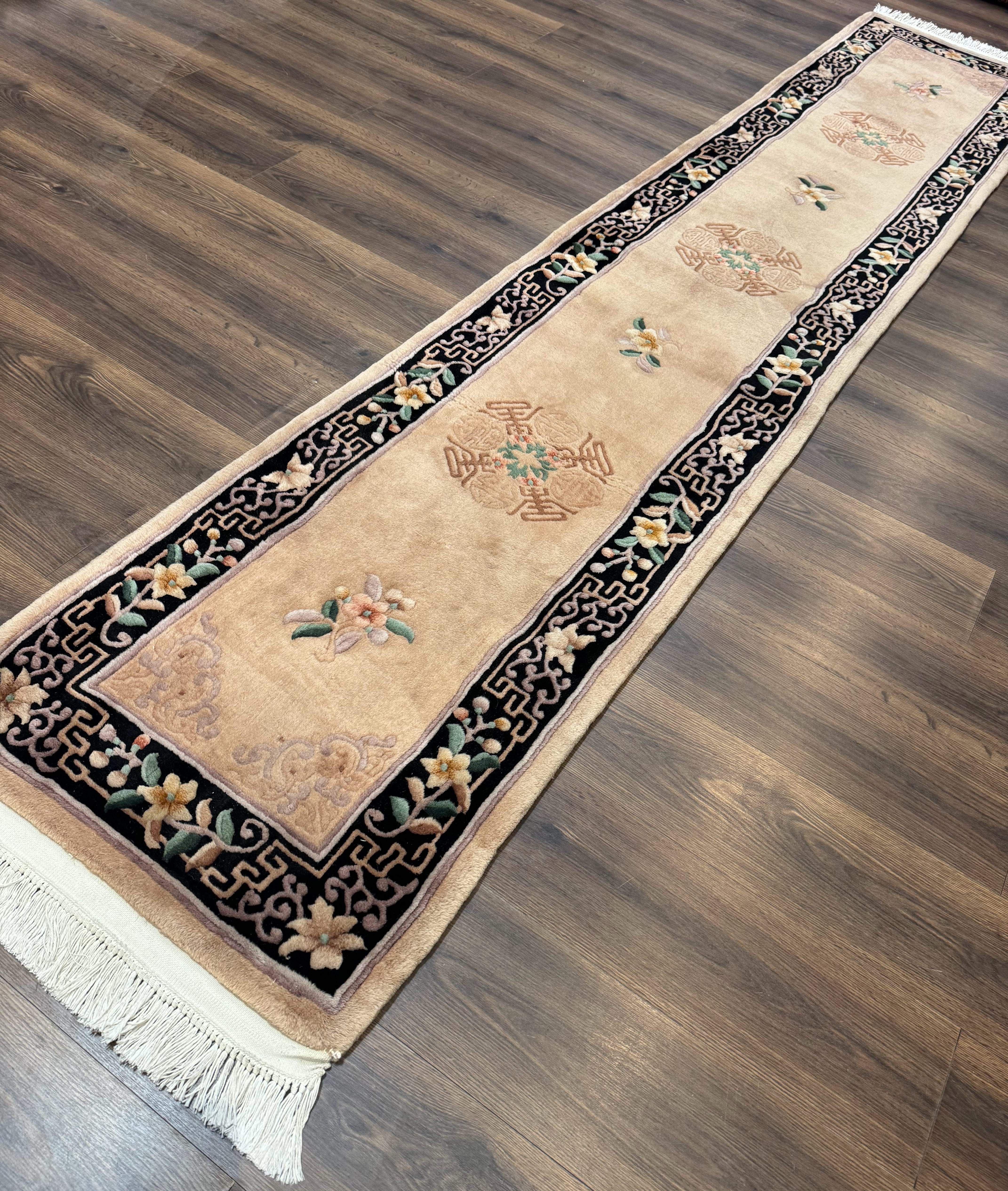 Chinese Wool Runner Rug 2 x 11.6, Vintage 90 Line Asian Oriental Carving Sculpted Hallway Rug - Jewel Rugs