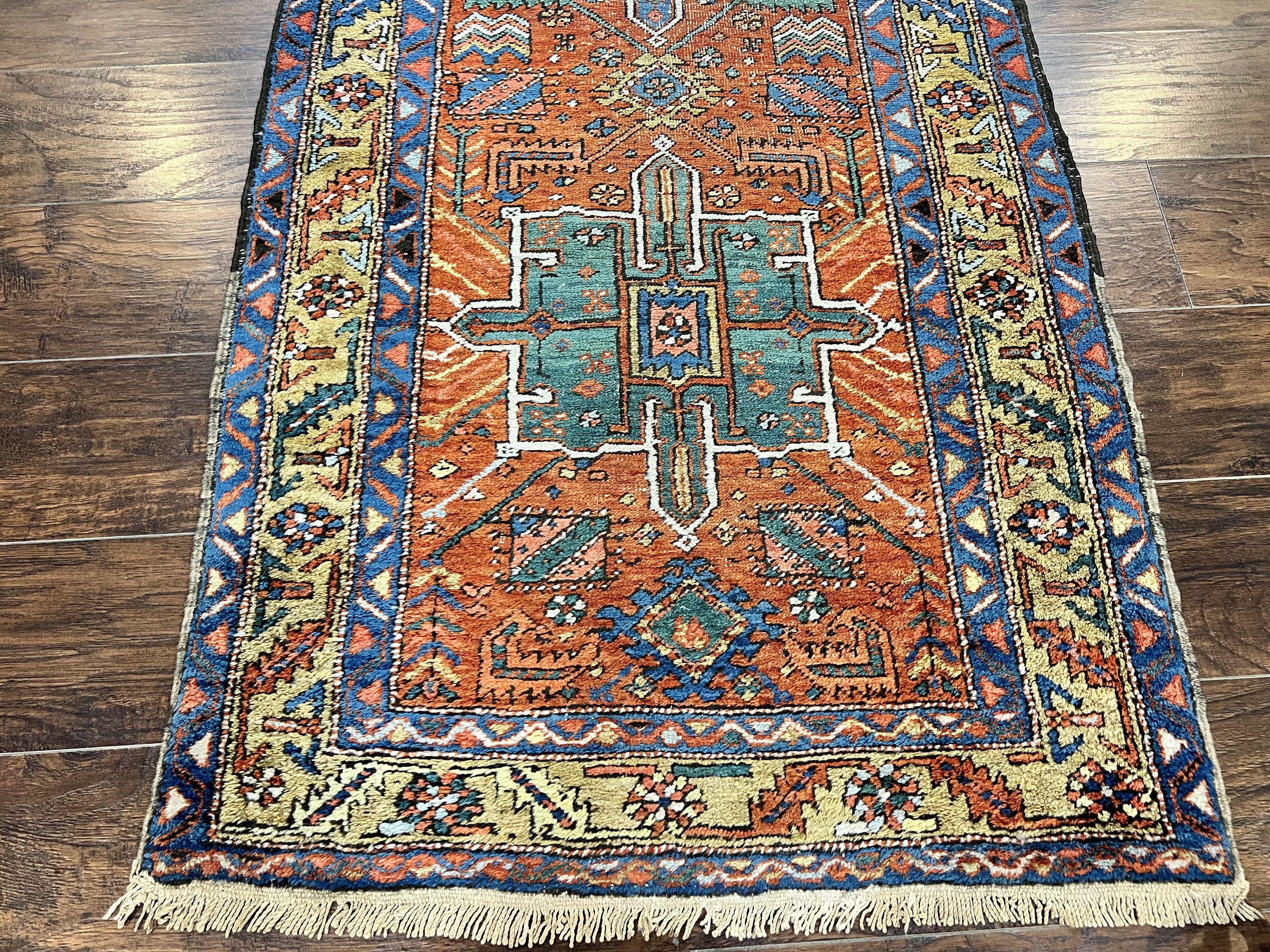 Colorful Persian Karajeh Runner Rug 3 x 10.7, Geometric Heriz Design, Antique Oriental Rug for Hallway, Orange-Red Blue, Handmade Tribal Runner - Jewel Rugs