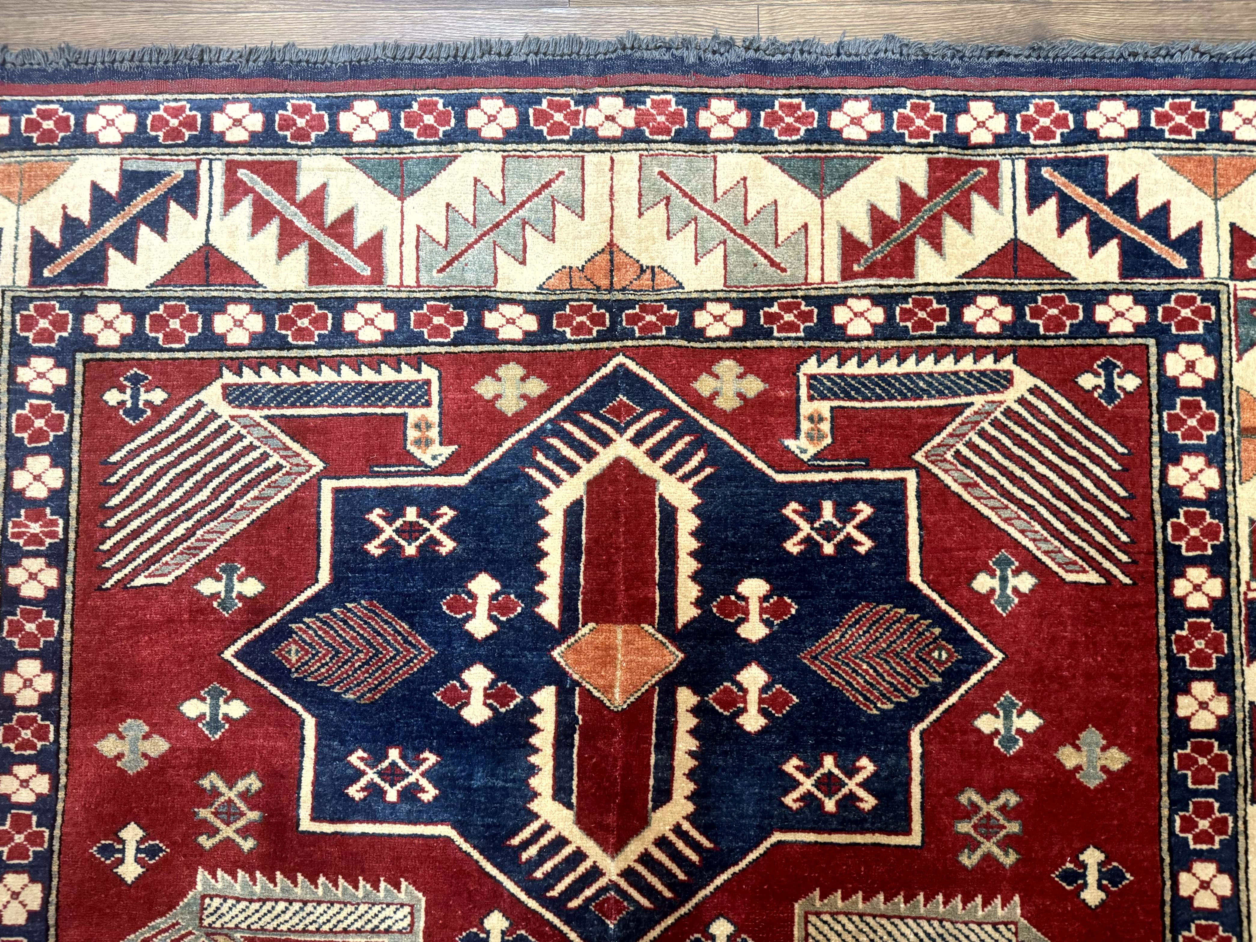 Turkish Kazak Rug 6x8, Caucasian Design, Geometric Medallions, Red Blue Beige - Jewel Rugs