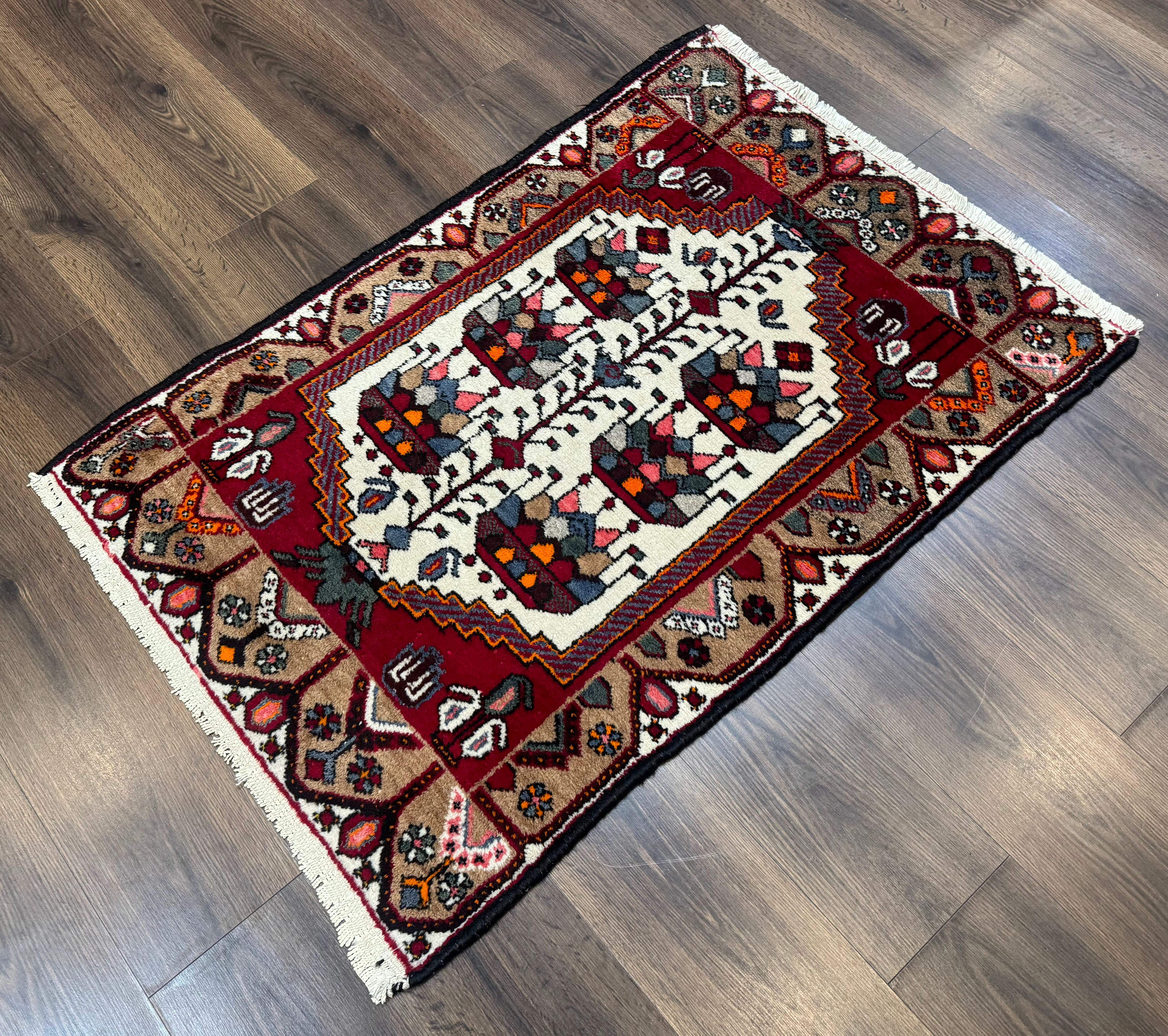 Small Persian Rug 3x4 – Ivory and Red Hand-Knotted Wool Vintage Malayer Hamadan Rug - Jewel Rugs