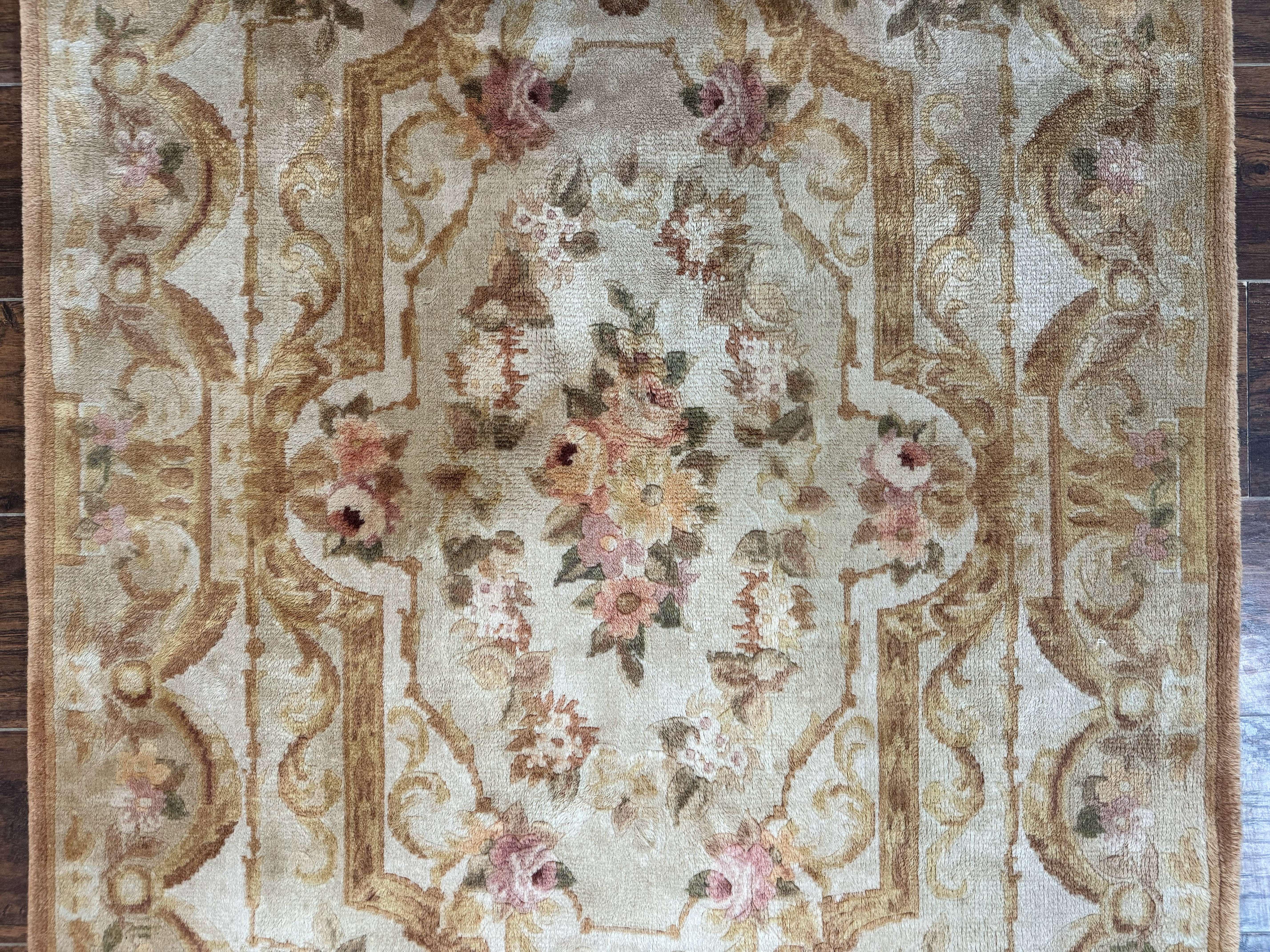 Chinese Aubusson Rug 3.6 x 5, Beige and Gold, Handmade Vintage Elegant European Design Carpet, Plush Wool, Handmade - Jewel Rugs