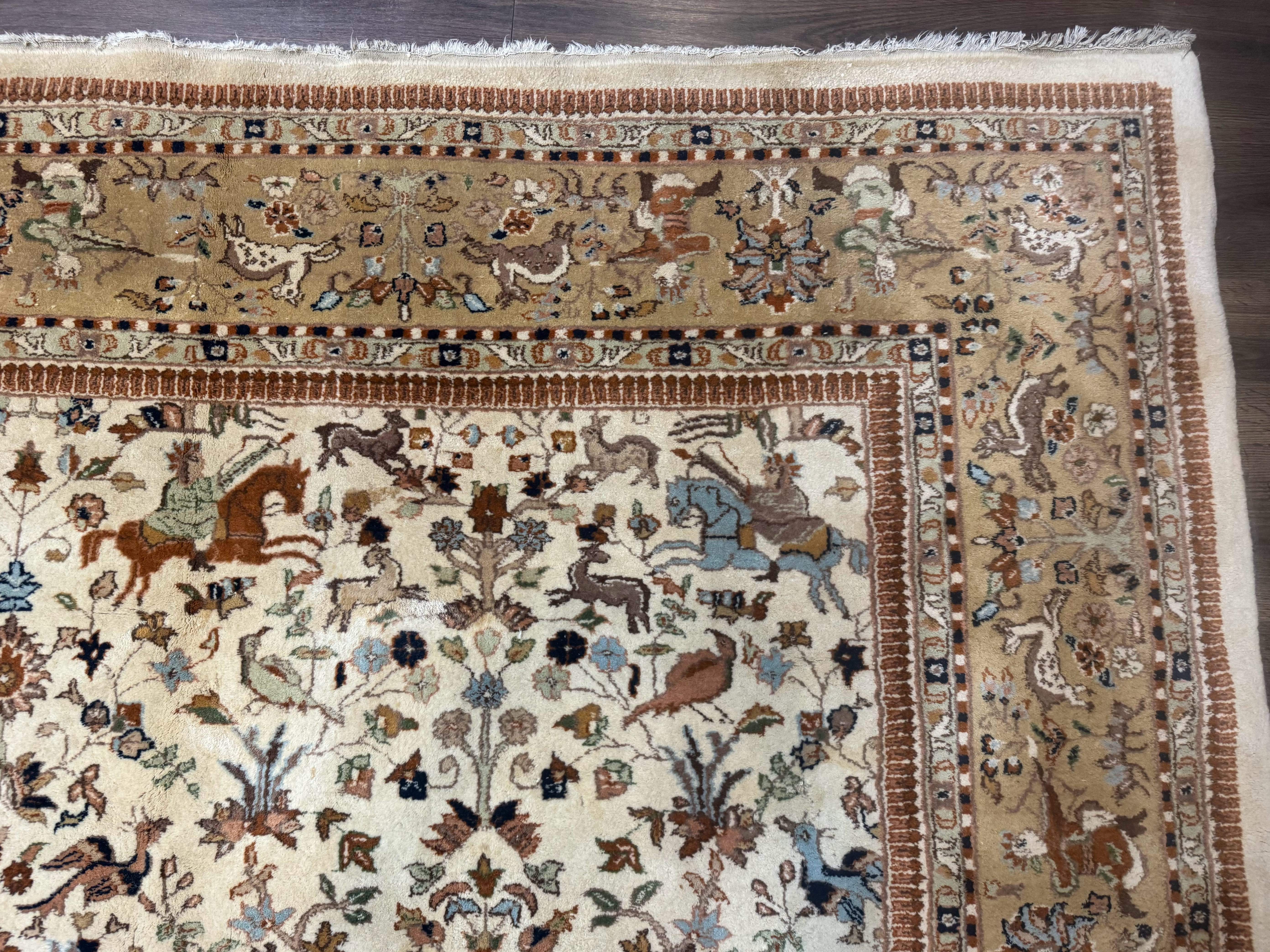 Palace Size Persian Tabriz Rug 12x15 – Beige and Tan, Hunting Design, Wool, Animal Pictorials - Jewel Rugs