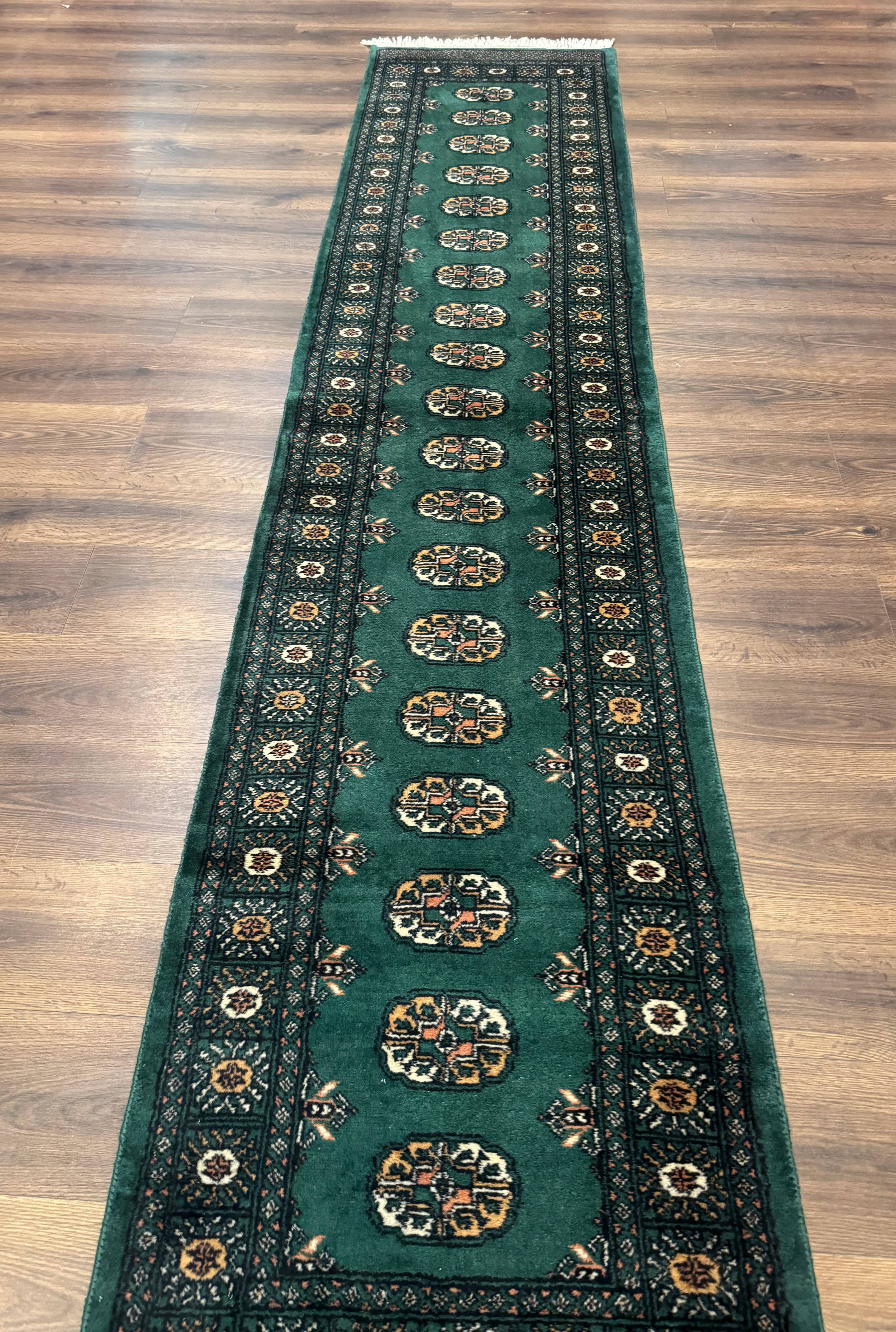 Pakistani Bokhara Runner Rug 2.5 x 11, Green Turkoman Wool Runner for Hallway - Jewel Rugs