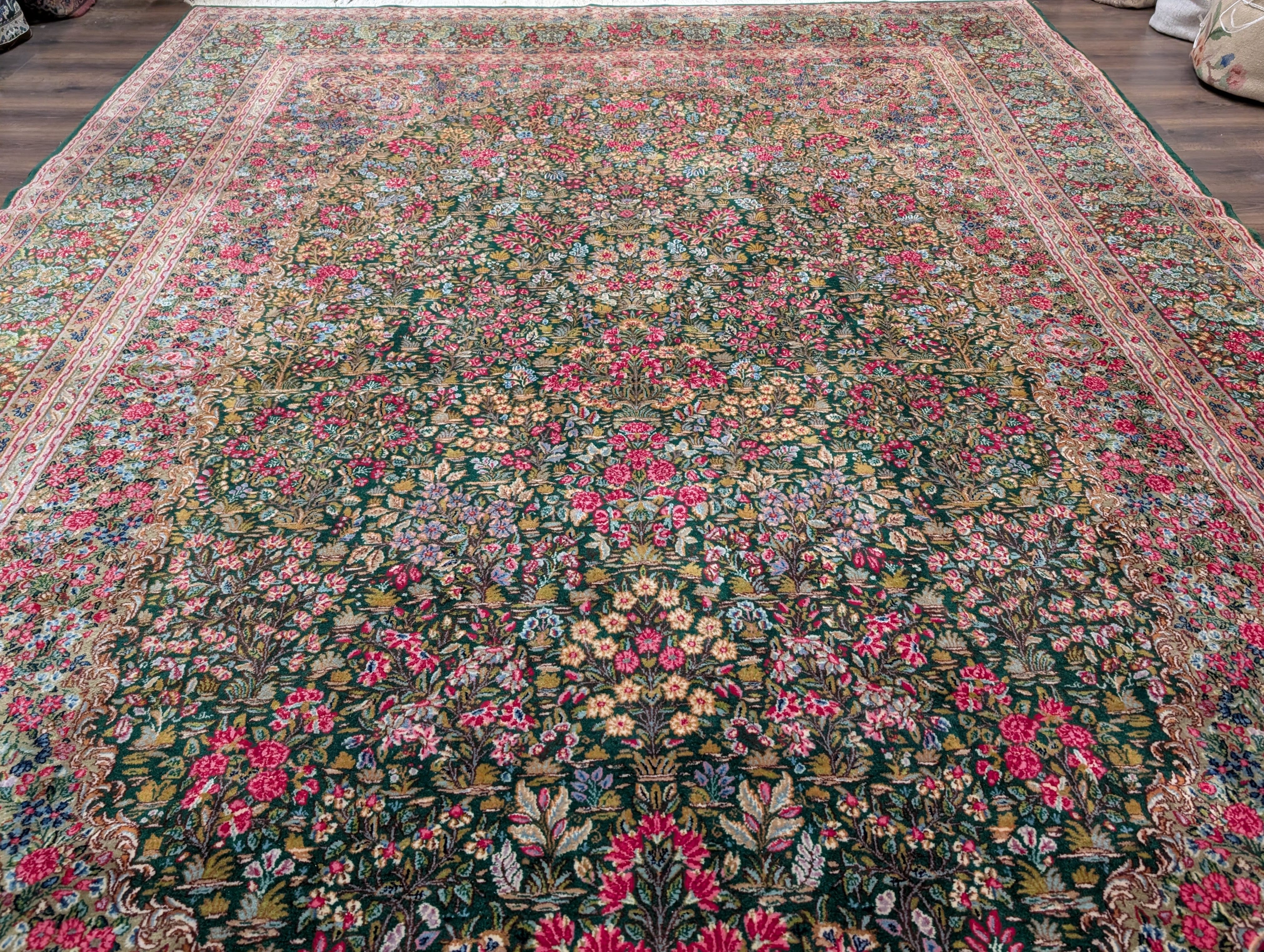 Persian Kerman Rug 10x13, Millefleur Floral Allover Pattern, Hand-Knotted Wool Carpet, Dark Green, Multicolor - Jewel Rugs