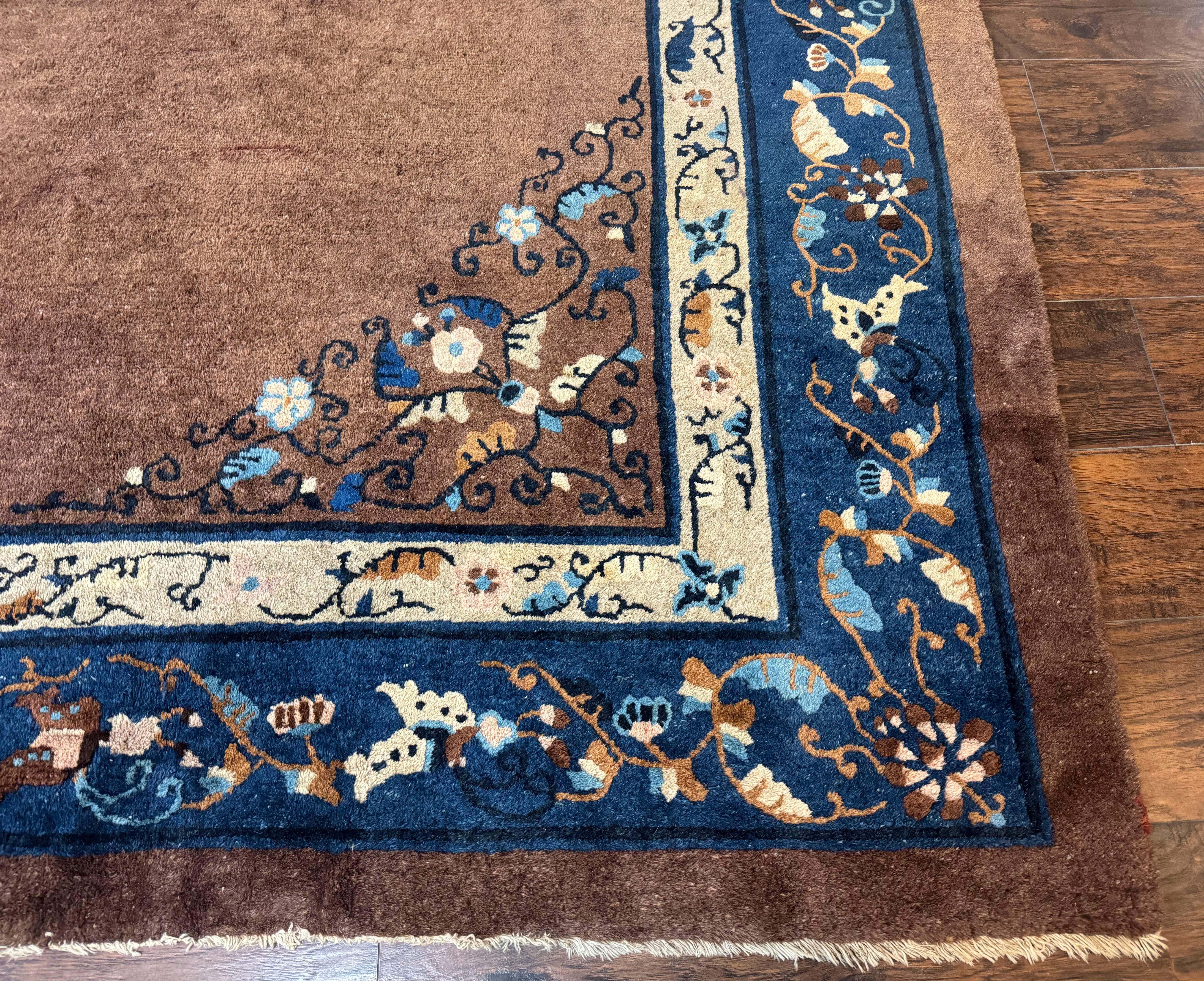 Antique Chinese Wool Rug 9x11, Large Chinese Art Deco Rug, Peking Rug, Brown and Blue, Open Field, Fete Rug - Jewel Rugs