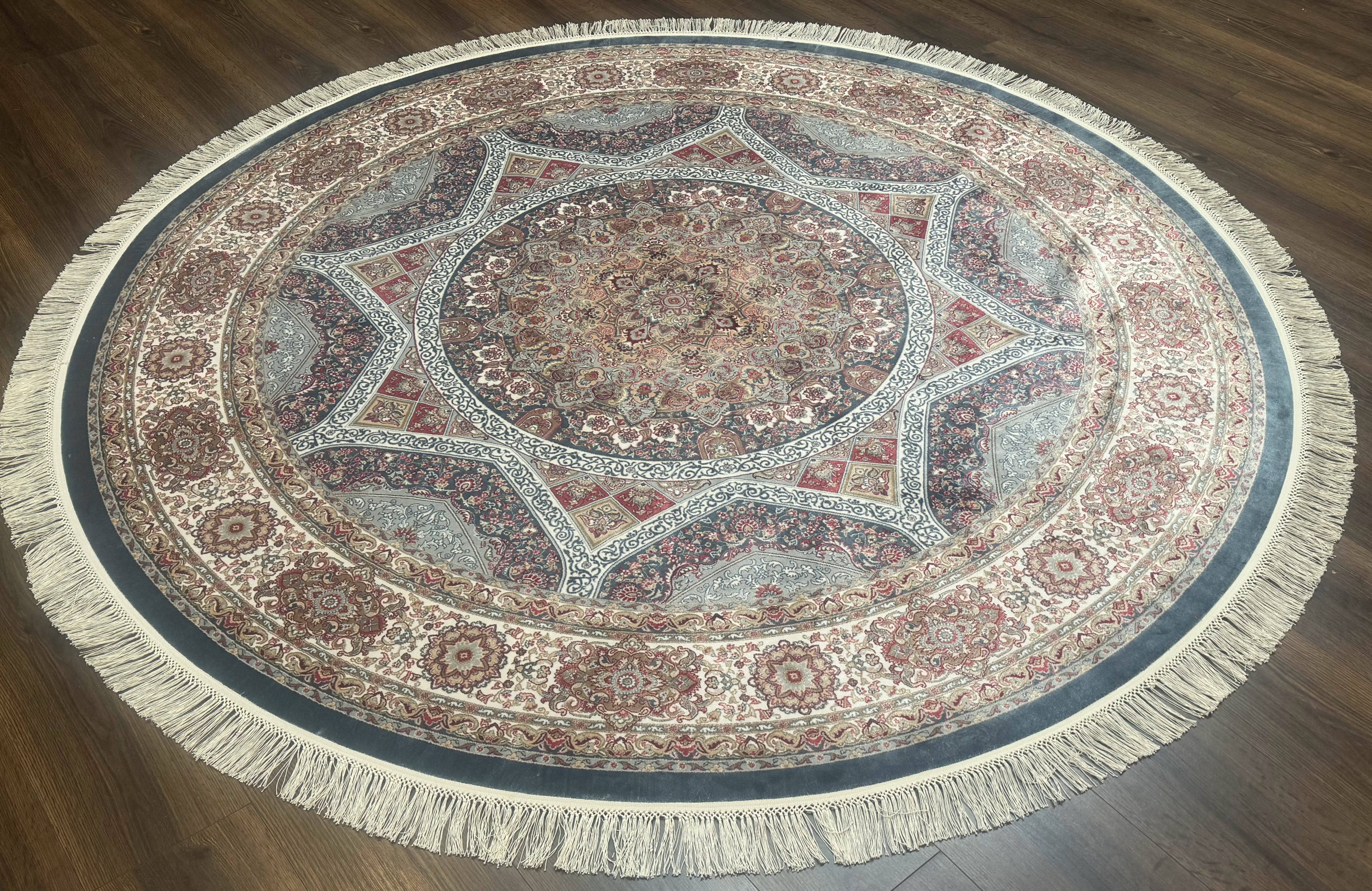 Round Silk Rug 6x6, Blue and Ivory, Turkish Silk Carpet, Bamboo Silk - Jewel Rugs
