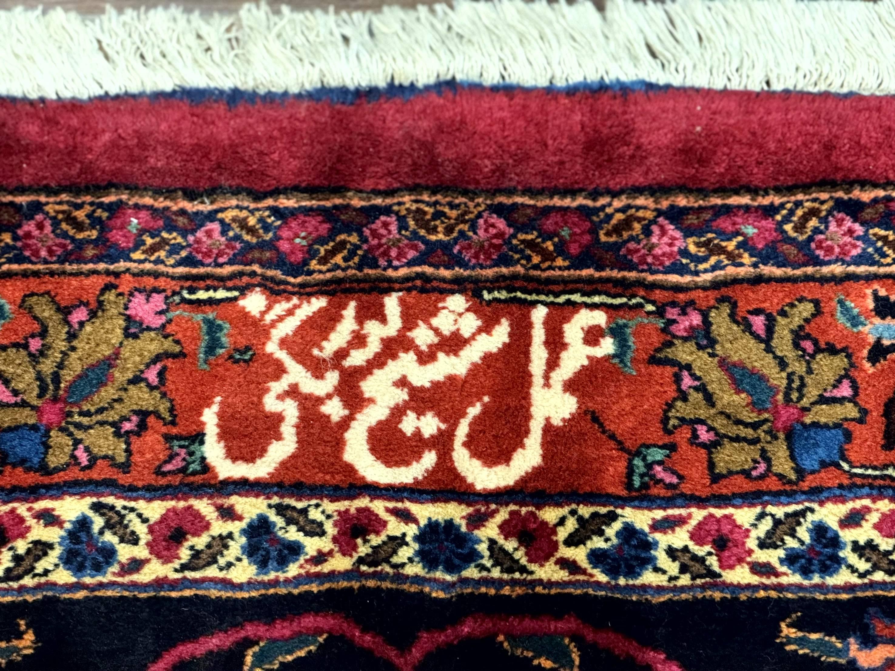 Palace Size Persian Mashad Rug 12x16, Raspberry and Navy Blue, Signature from Master Weaver, Antique Handmade Large Wool Carpet - Jewel Rugs