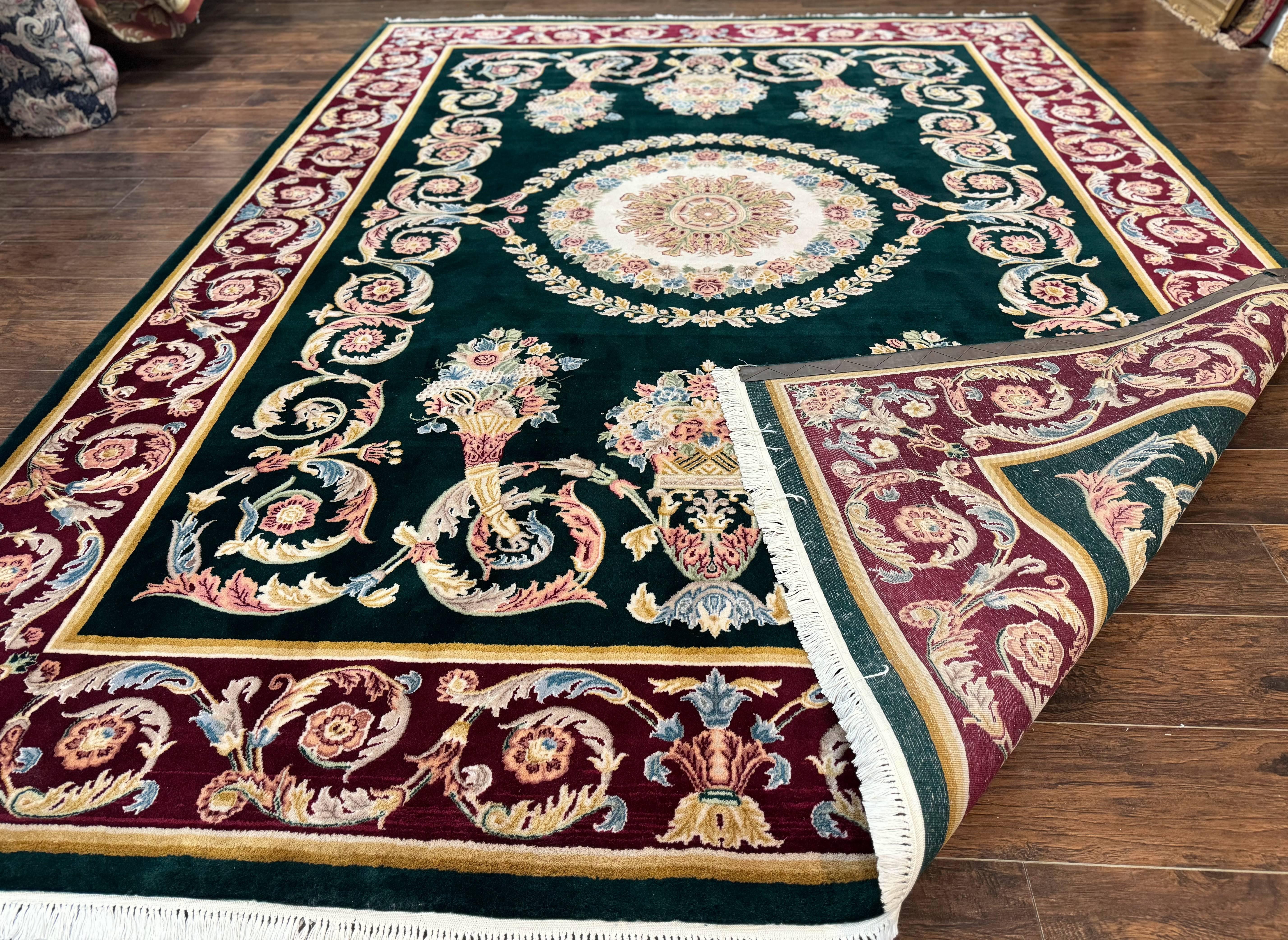 Aubusson Rug 9x12, Dark Green, European Design, Vintage Fine Handmade Carpet, Elegant - Jewel Rugs