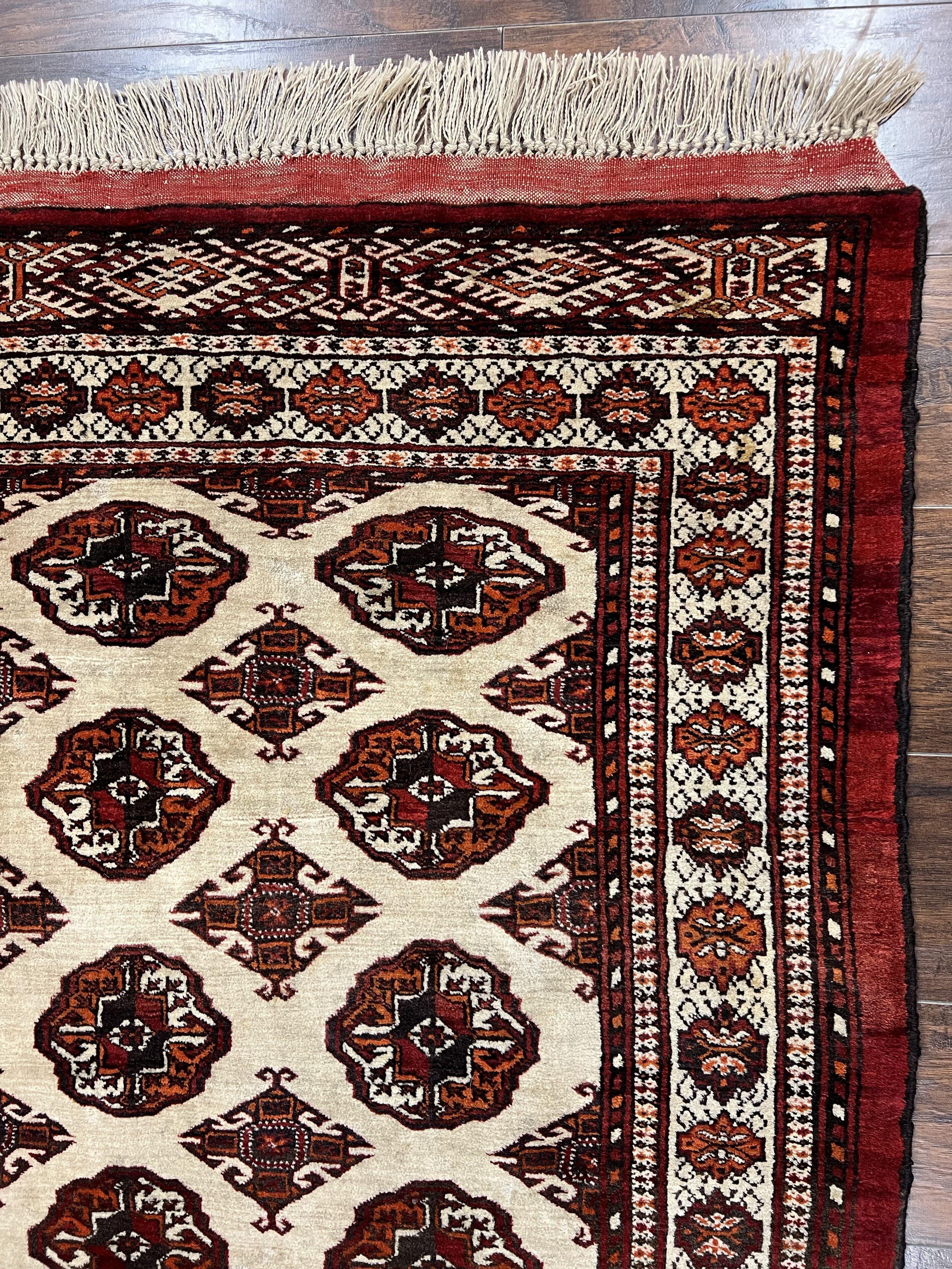 Persian Turkoman Rug 7x8, Almost Square Rare, Hand Knotted, Yamud, Bohemian Rug, Handmade Tribal Rug, Cream Red, Handmade Oriental Carpet - Jewel Rugs