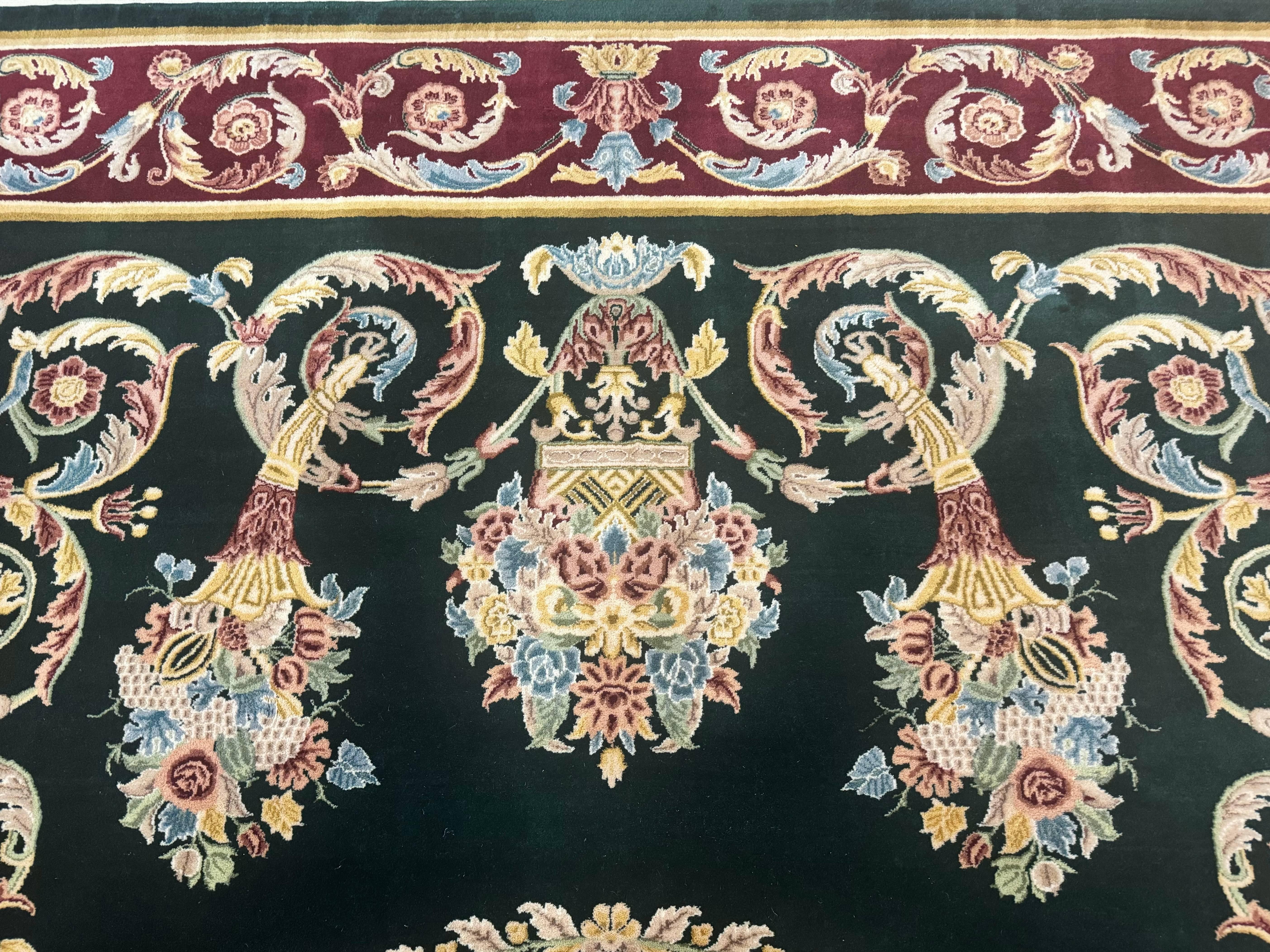 Aubusson Rug 9x12, Dark Green, European Design, Vintage Fine Handmade Carpet, Elegant - Jewel Rugs