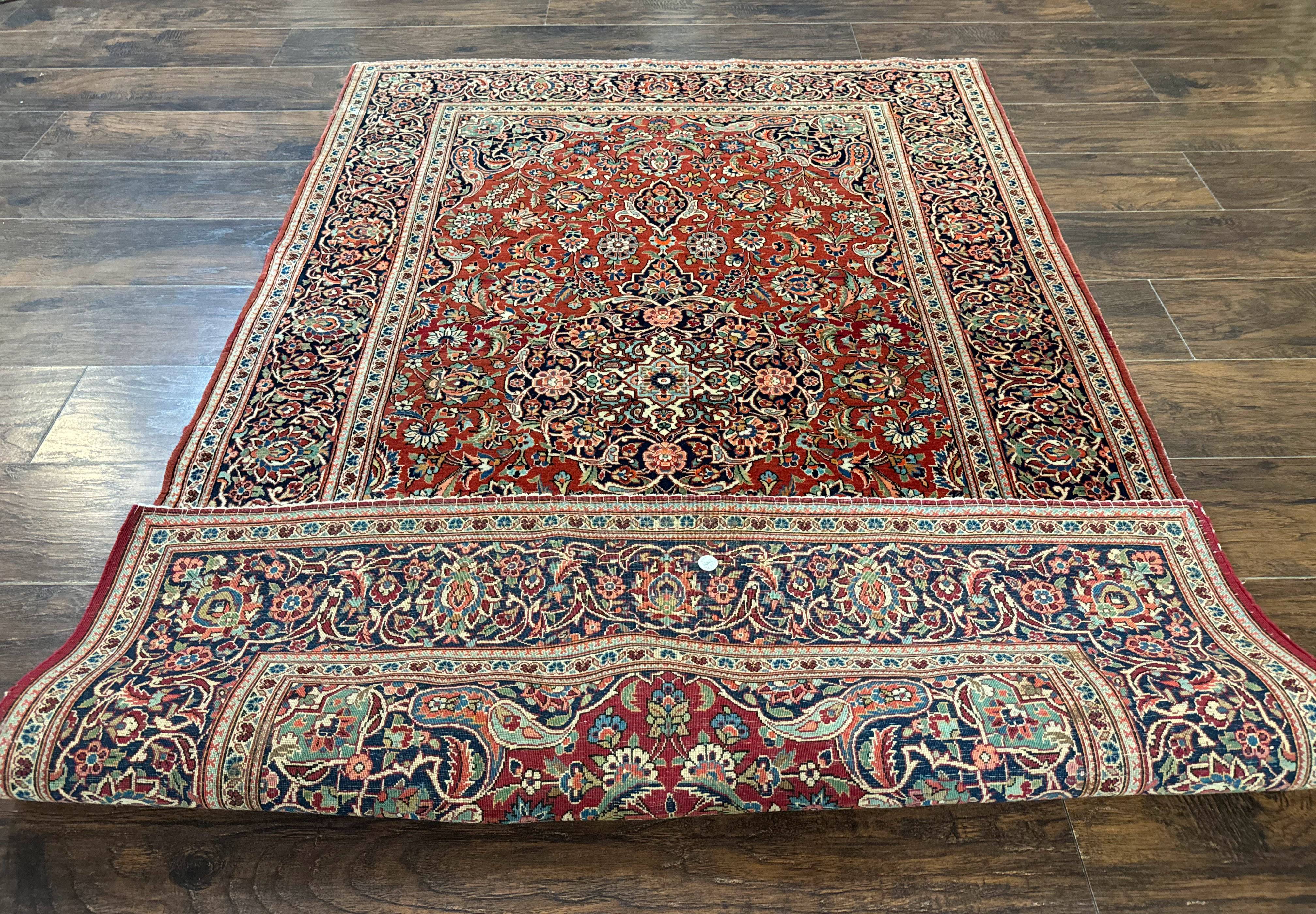 Persian Kashan Rug 4x7, Red and Navy Blue, Floral Antique Carpet - Jewel Rugs