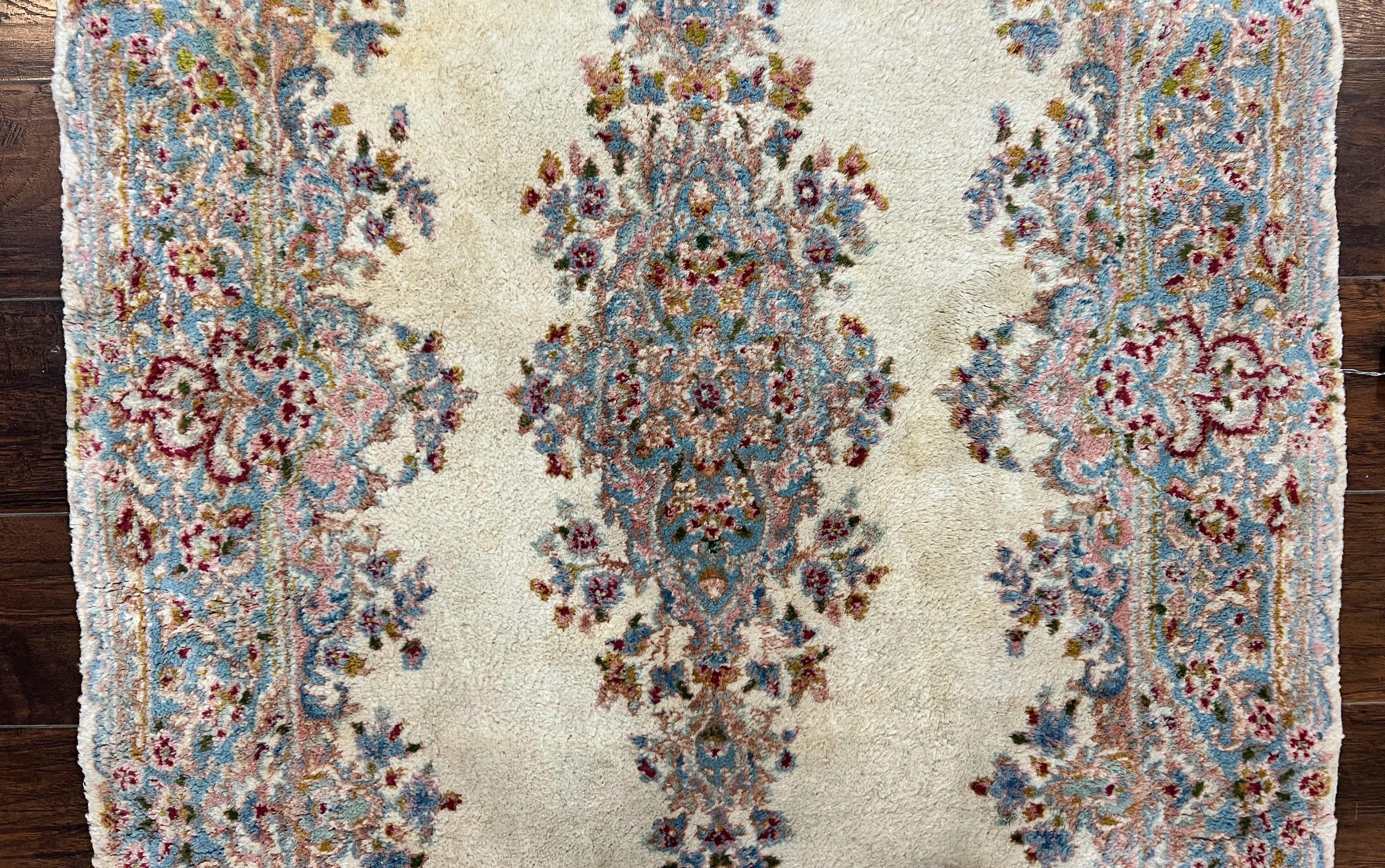 Persian Kirman Rug 4x7, Wool Handmade Vintage Carpet, Cream & Light Blue, Semi Open Field, Traditional Oriental Rug - Jewel Rugs