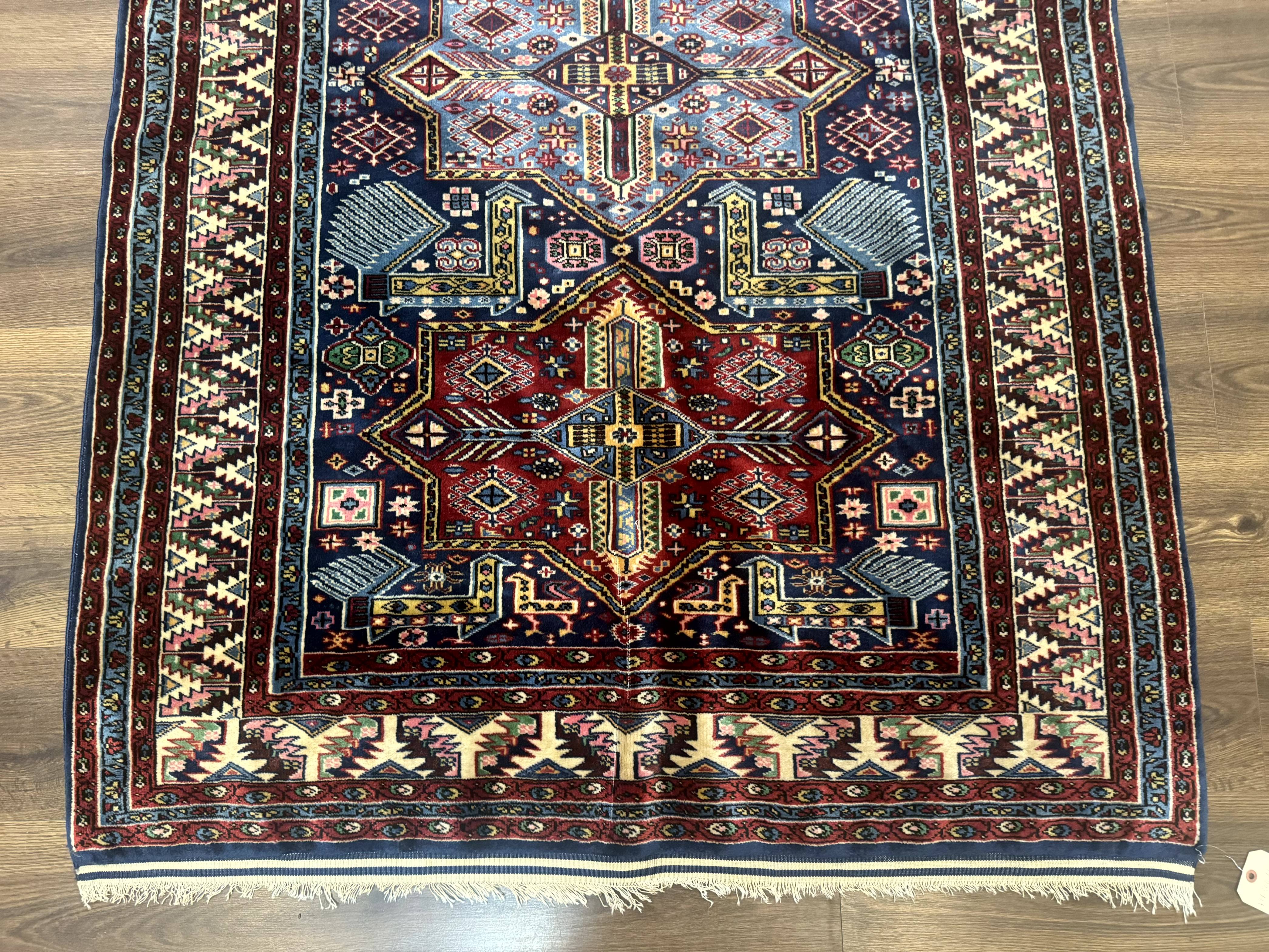 Indian Rug with Caucasian Design, 4x6 Geometric Carpet, Navy Blue and Cream - Jewel Rugs