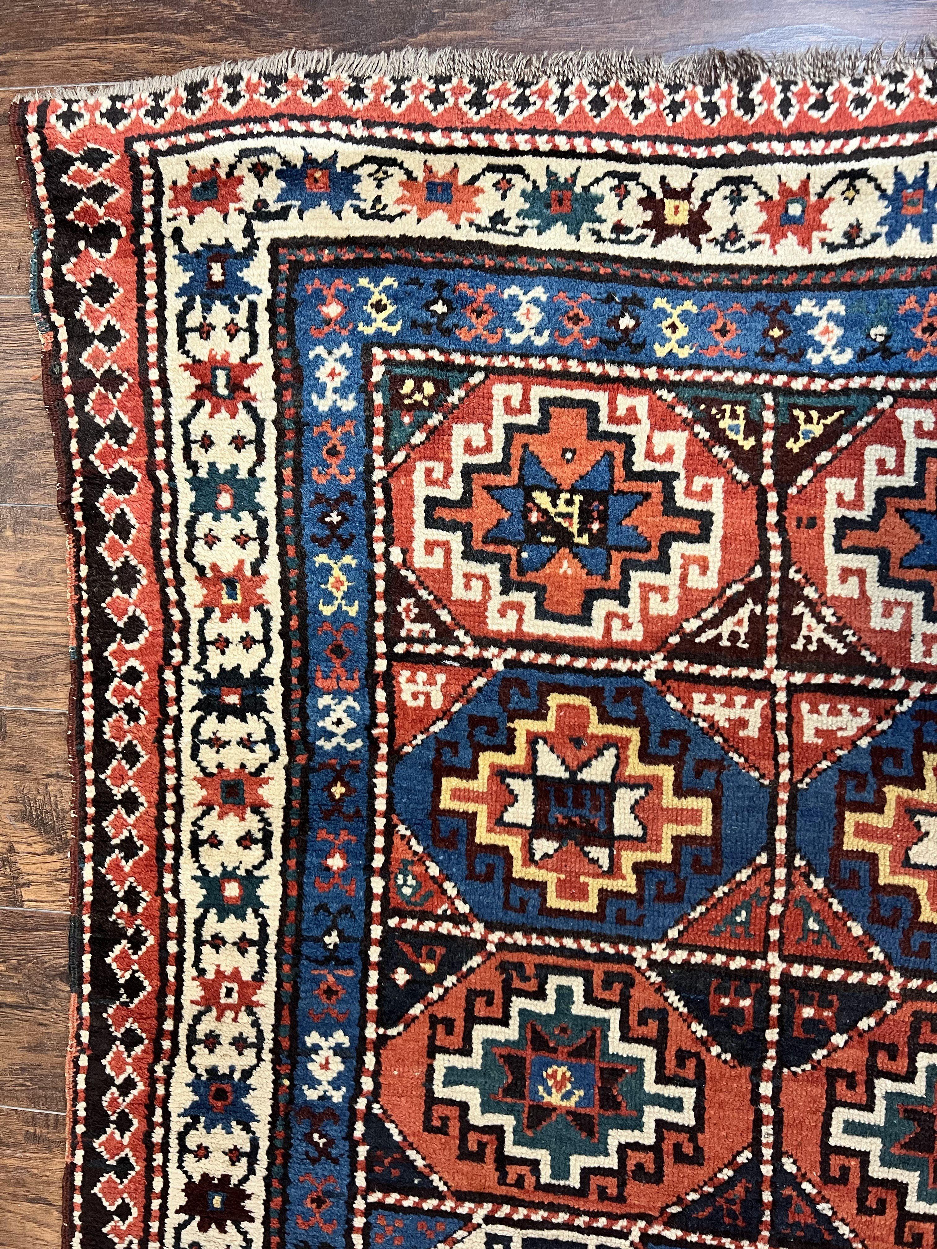 Antique Caucasian Kazak Runner Rug 4 x 9.5, Handmade Wool Rug for Hallway, Rare Colorful Panel Design Mid 19th Century 1870s Oriental Carpet - Jewel Rugs