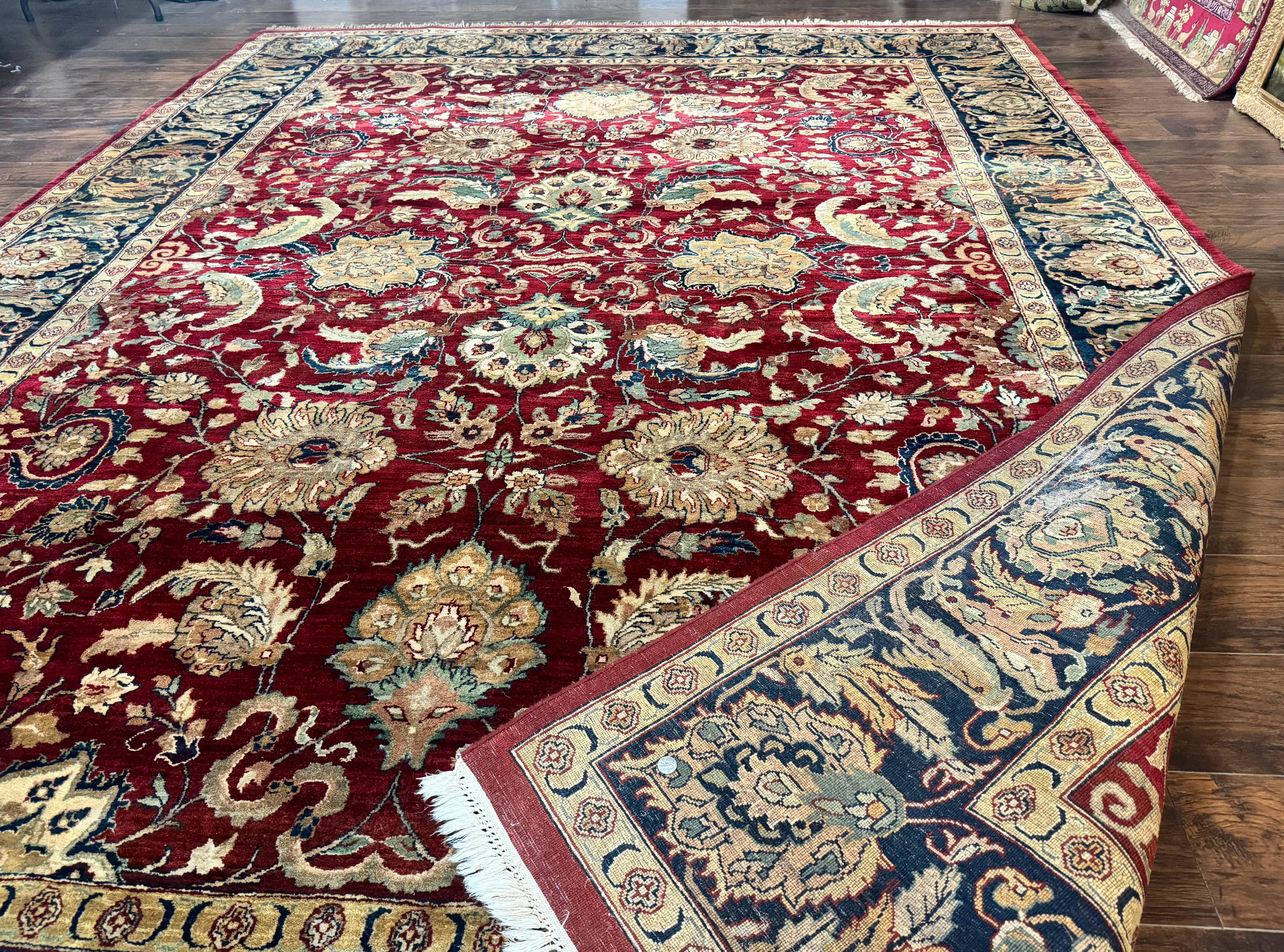 Indo Persian Rug 10x14, Indian Agra Carpet, Vintage Handmade Wool Large Traditional Rug, Dark Red Navy Blue Beige - Jewel Rugs