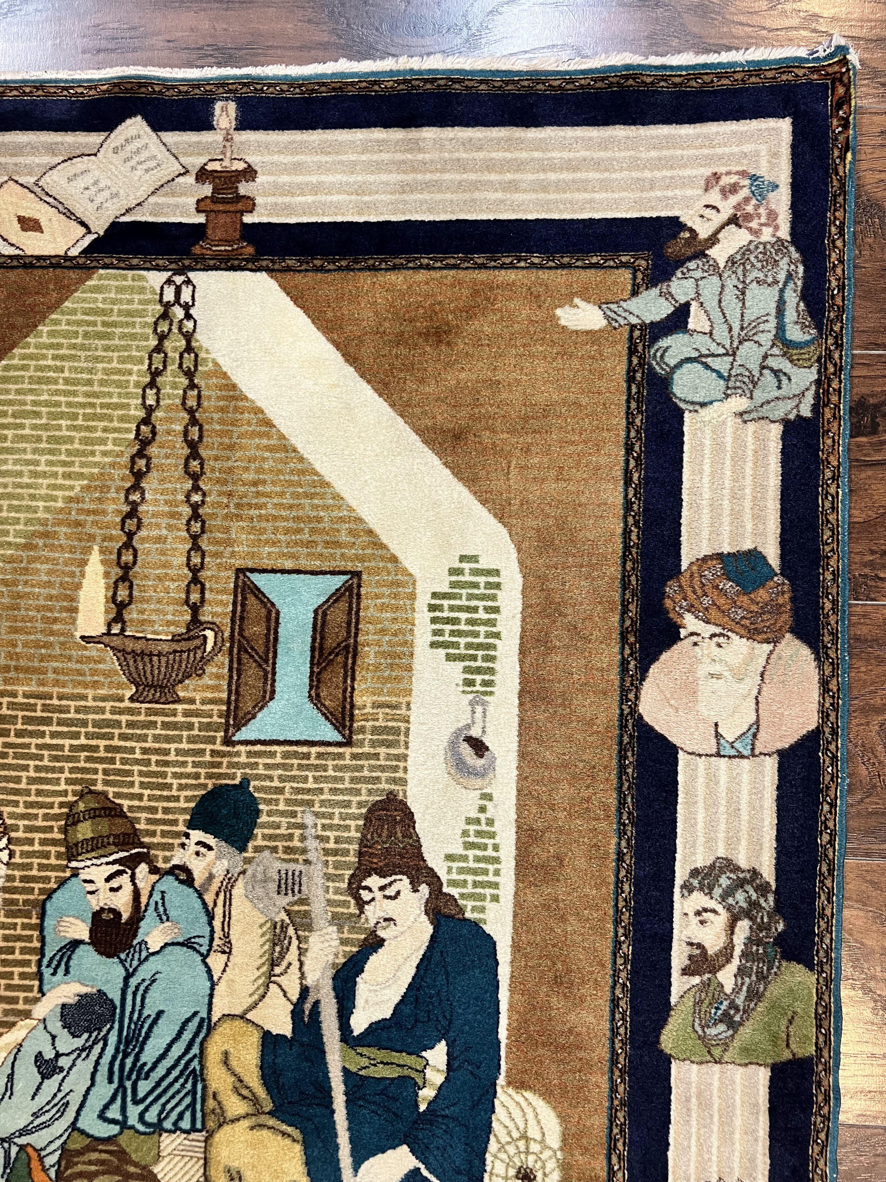 Persian Tabriz Pictorial Rug 3x5, Wall Hanging Carpet, Very Fine 60 Raj 475 KPSI, Hand Knotted Vintage Semi Antique, Wool, Persian Poetry - Jewel Rugs