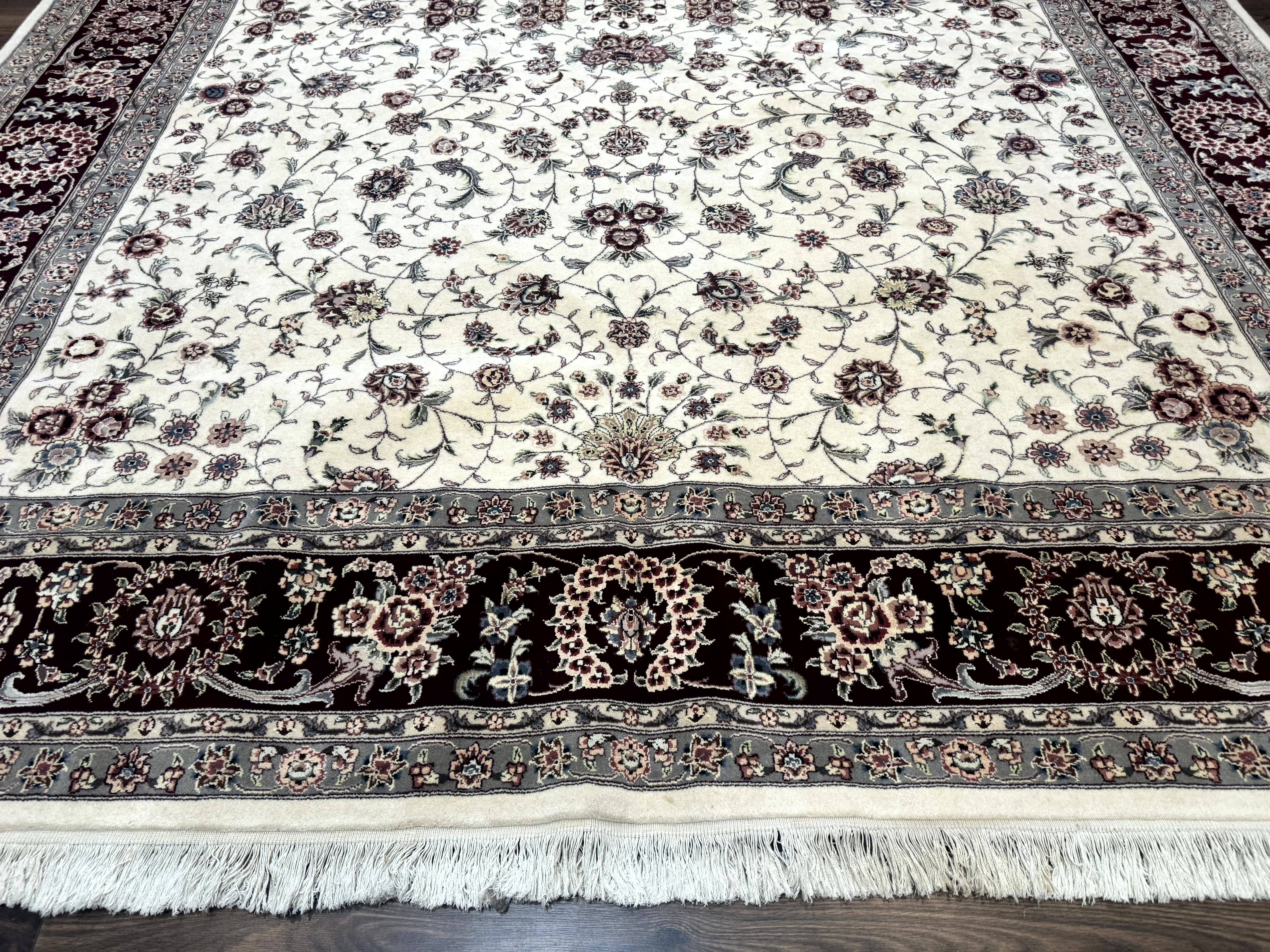 Sino Persian Rug 9x12, Floral Allover Design, 170 KPSI, Ivory and Dark Maroon - Jewel Rugs