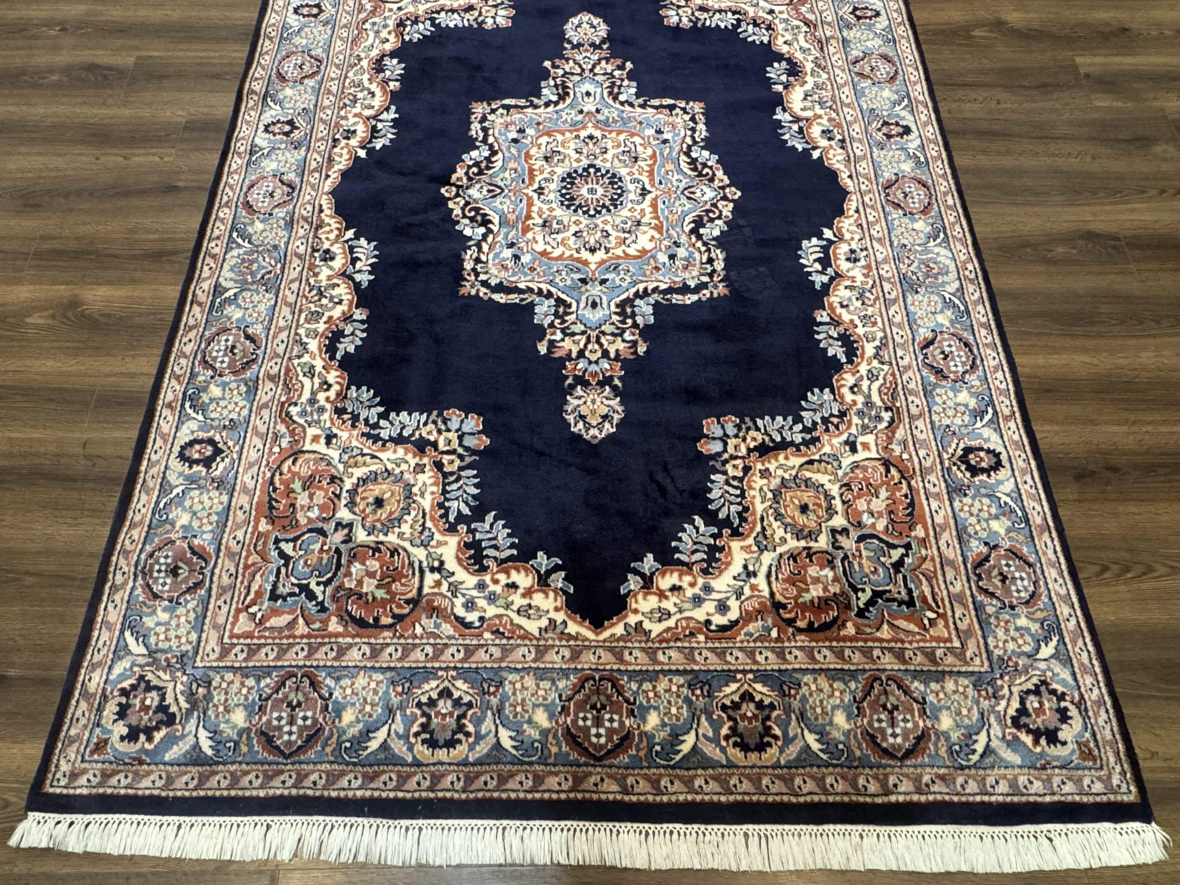 Indo Persian Kerman Rug 6x9 – Navy and Light Blue Hand-Knotted Wool Vintage Carpet - Jewel Rugs