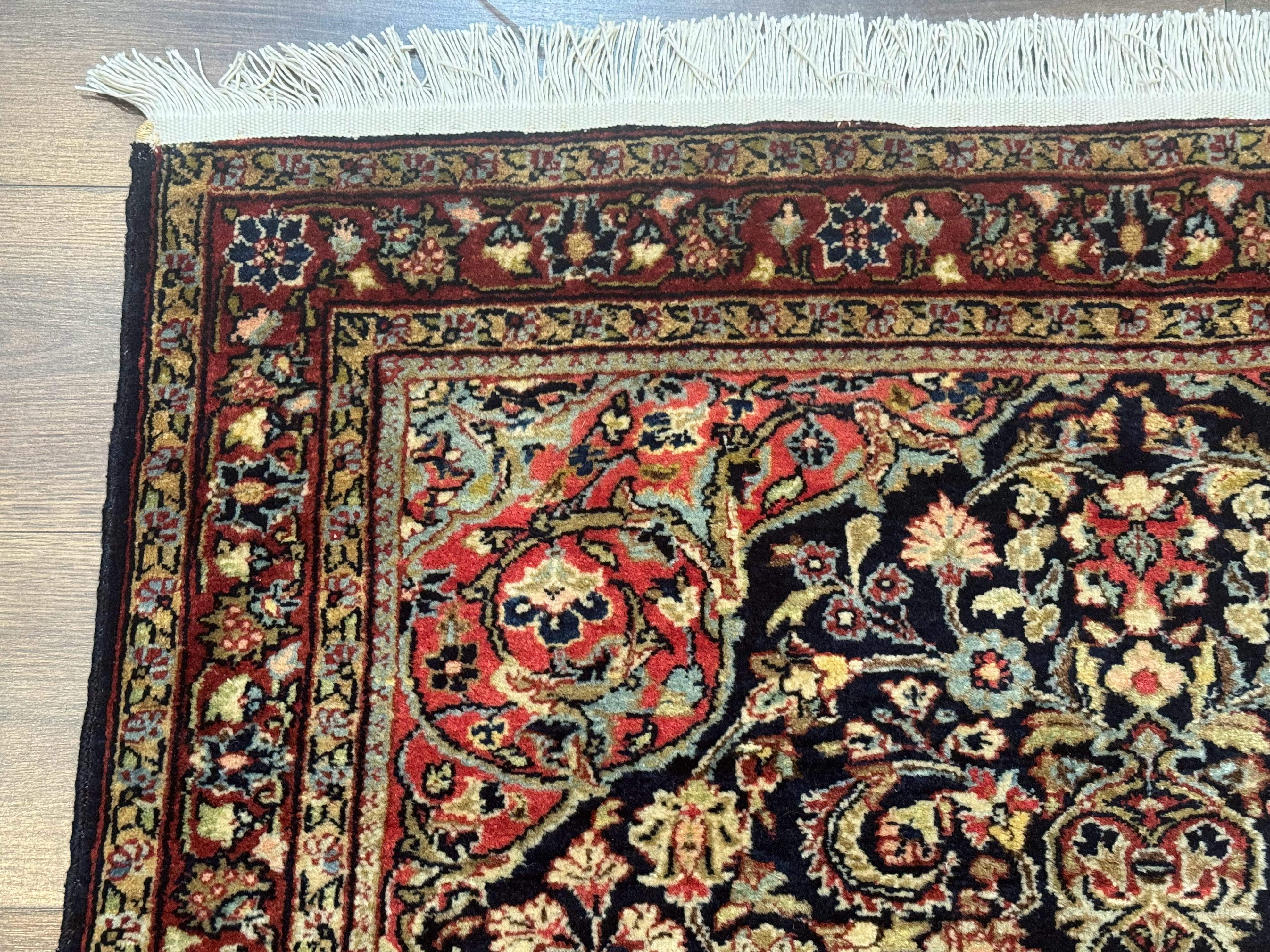 Antique Persian Sarouk Rug 4x5, Dark Blue and Red, Floral Medallion, Fine - Jewel Rugs