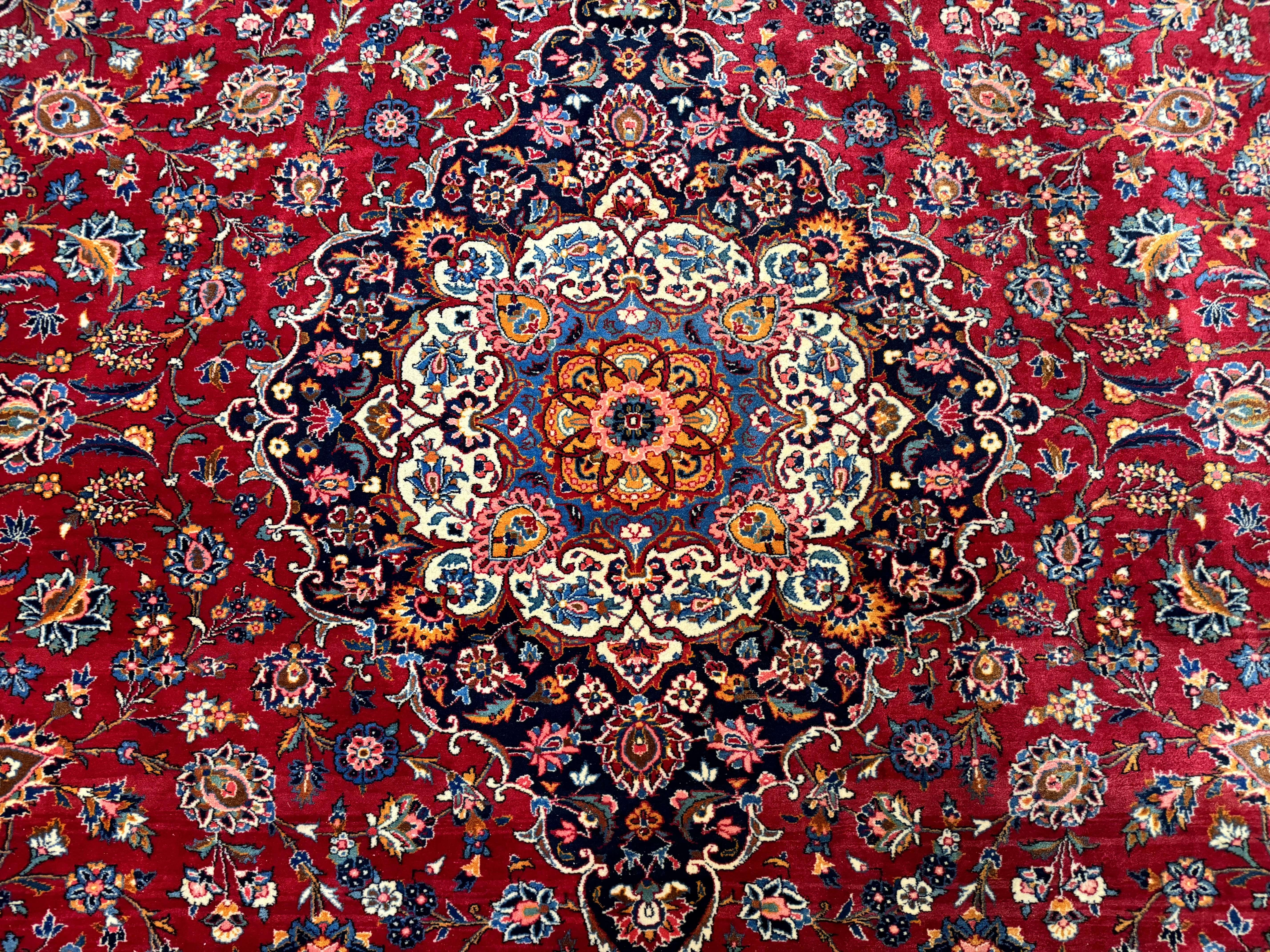 Large Persian Kashan Rug 11x14, Traditional Persian Carpet, Wool, Fine 250 KPSI, Red Navy Blue - Jewel Rugs