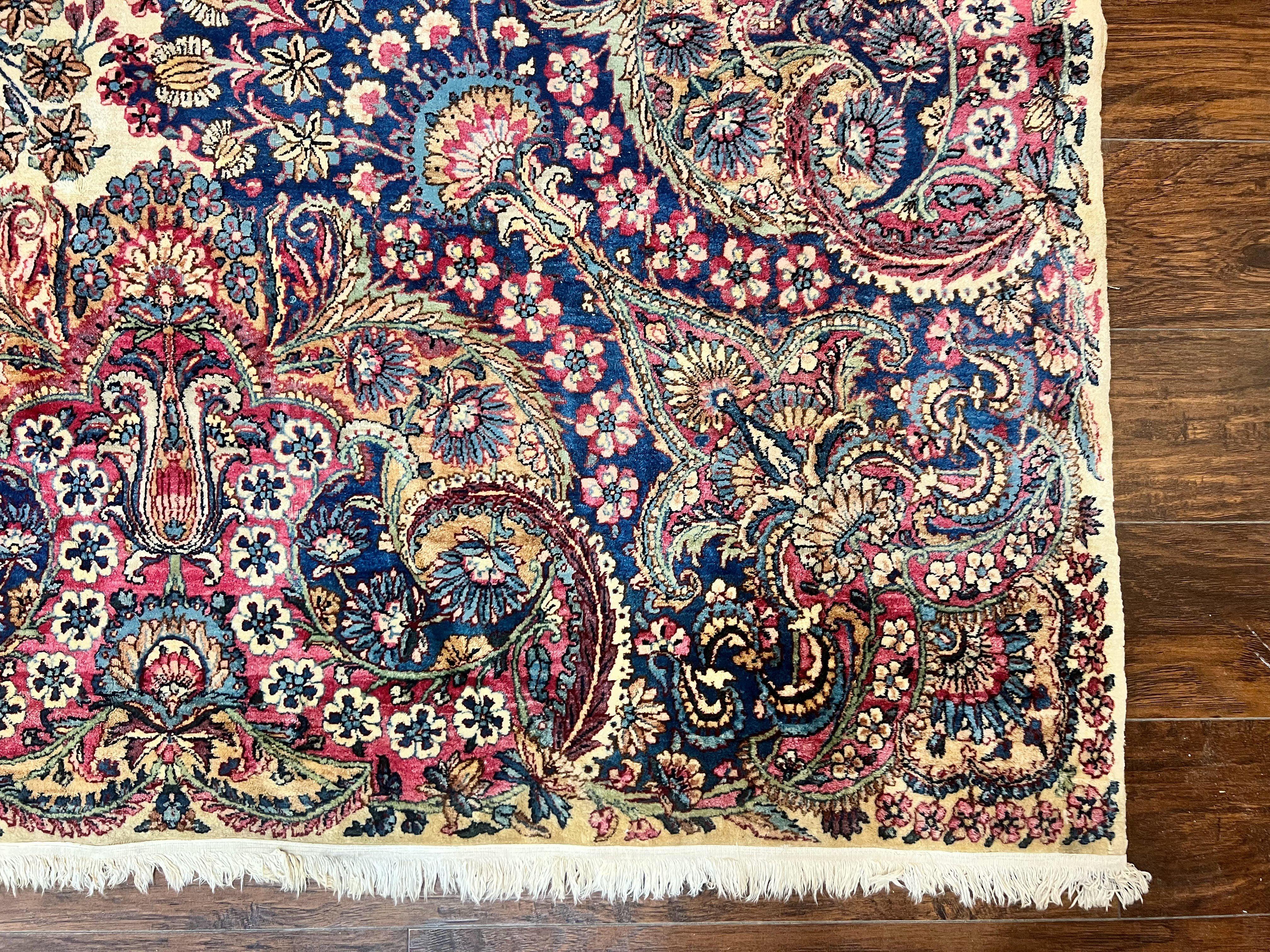 Persian Kirman Rug 11x17, Wool Hand Knotted Antique Carpet, Ivory Navy Blue, Allover Floral, 11 x 17 Oversized Rug, Palace Size Kerman Oriental Rug - Jewel Rugs
