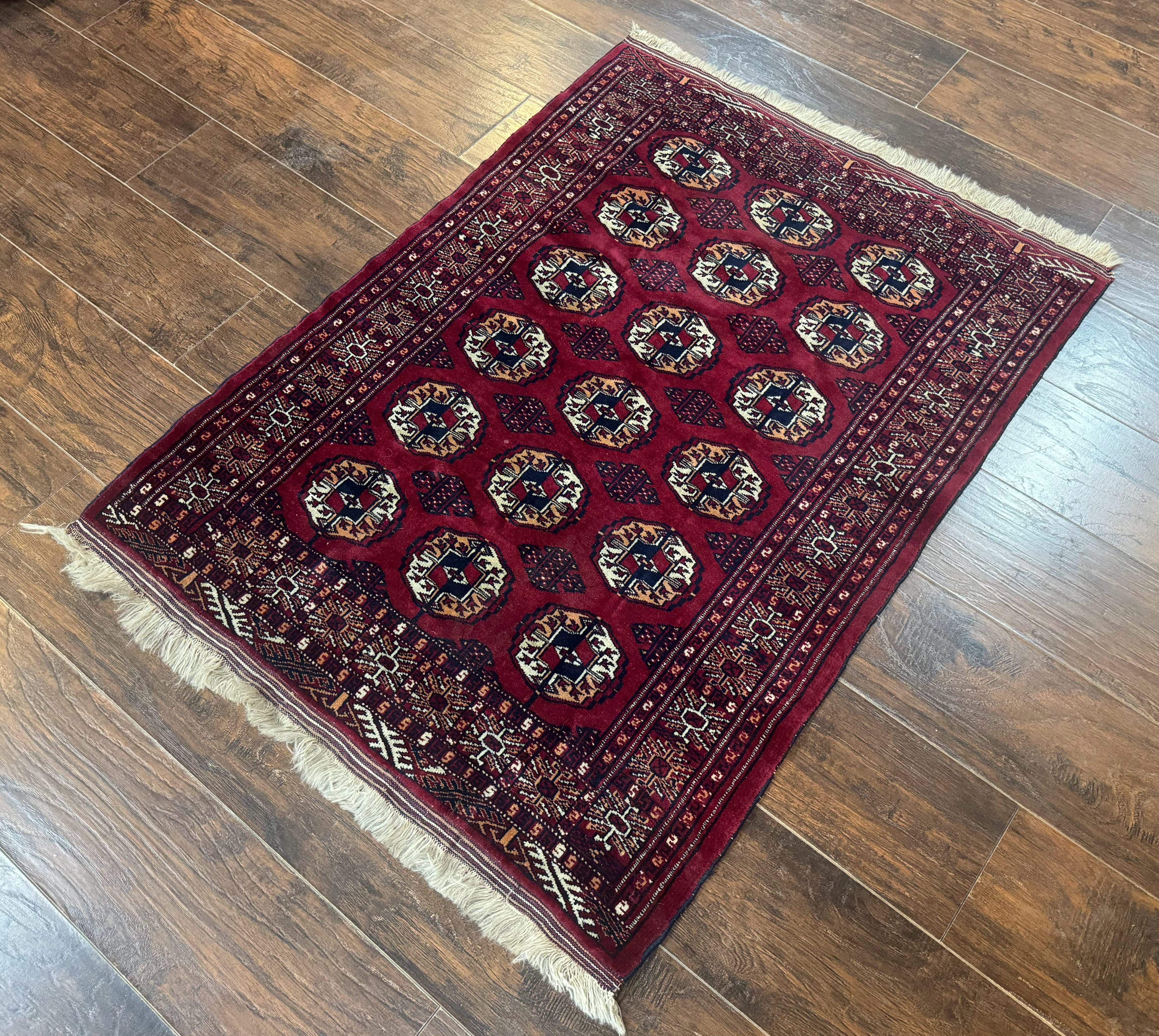 Persian Turkoman Rug 3x4 – Raspberry Red and Ivory, Handmade Wool Vintage Carpet - Jewel Rugs