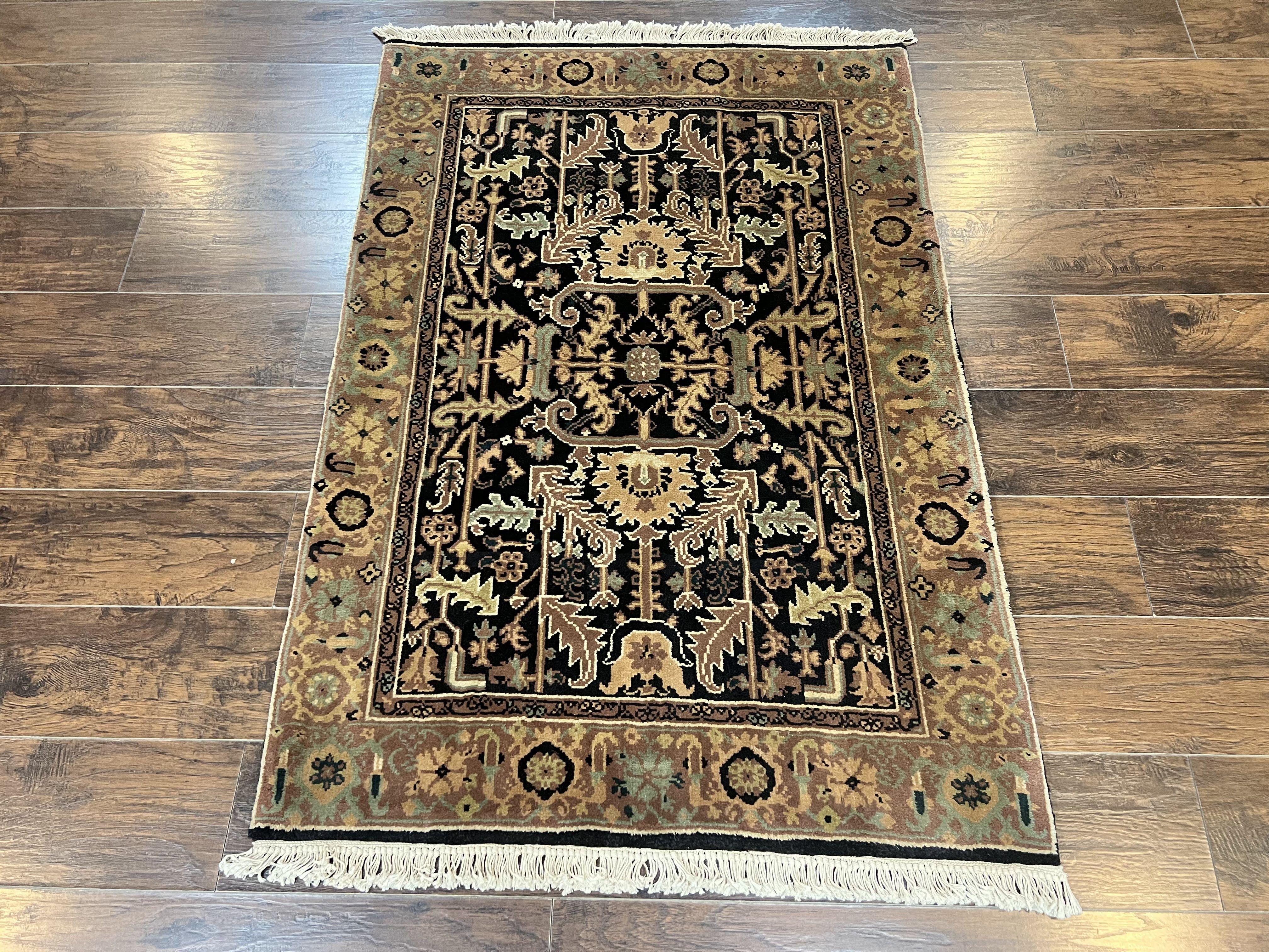 Heriz Rug 3.6 x 5, Handmade Vintage Wool Carpet, Couristan Carpet, Persian Design, Black - Jewel Rugs