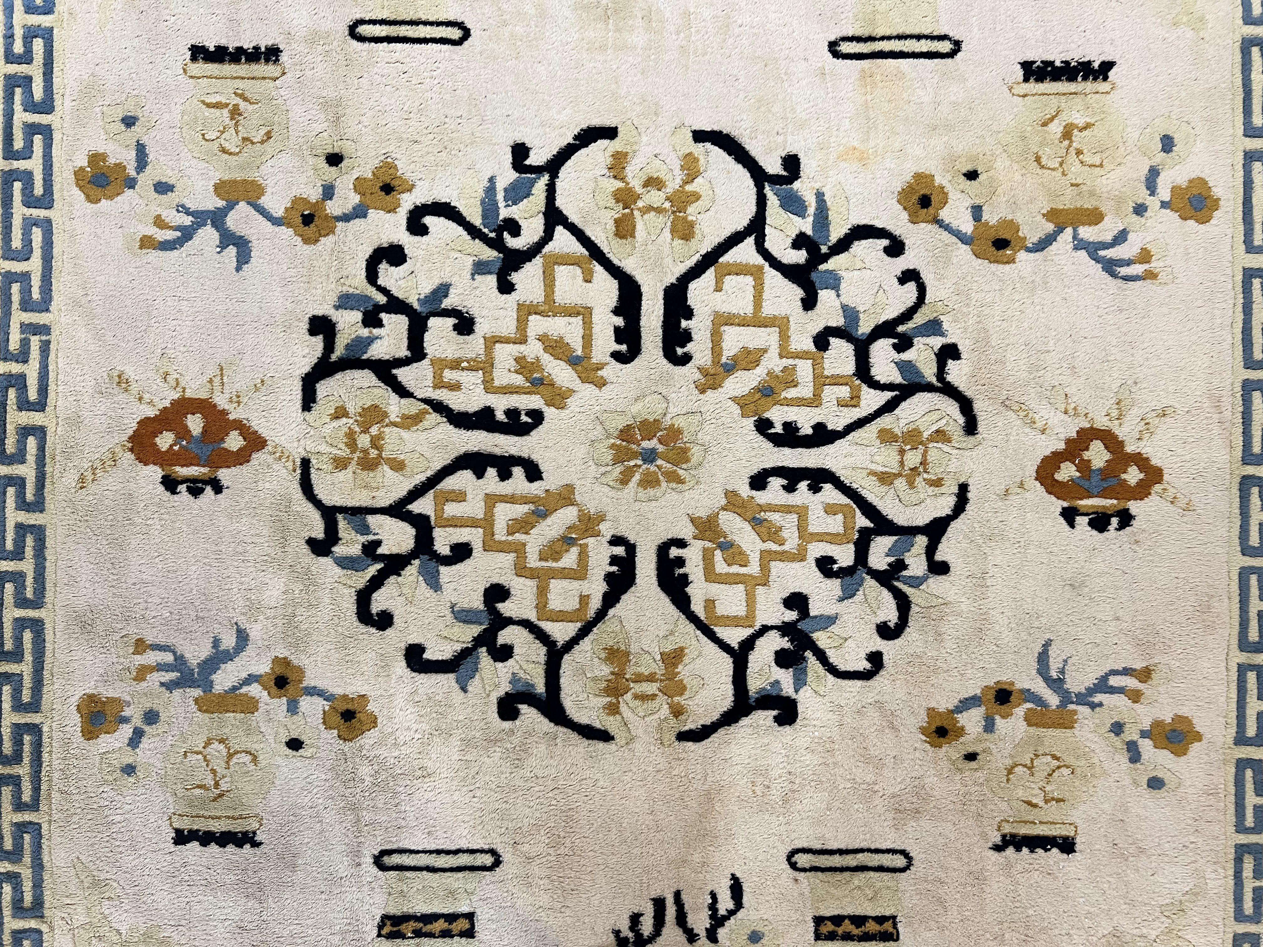 Indo Chinese Rug 9x12, Asian Oriental Carpet 9 x 12, Cream & Burnt Orange, Handmade Wool Vintage Art Deco Rug - Jewel Rugs