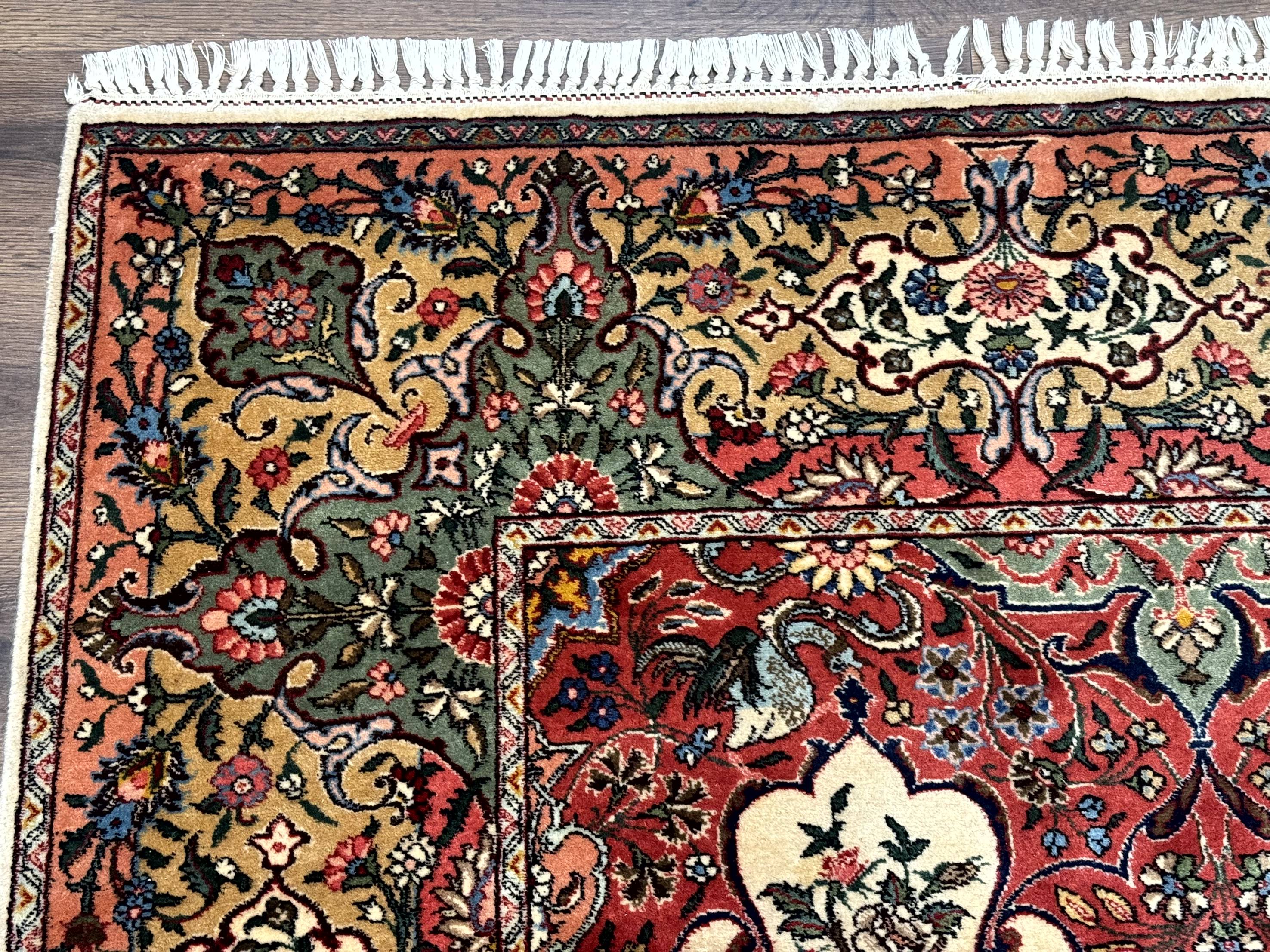 Antique Tabriz Persian Rug 7x10, Red Cream Tan, Unique Design, Fine 270 KPSI, Birds, Floral - Jewel Rugs