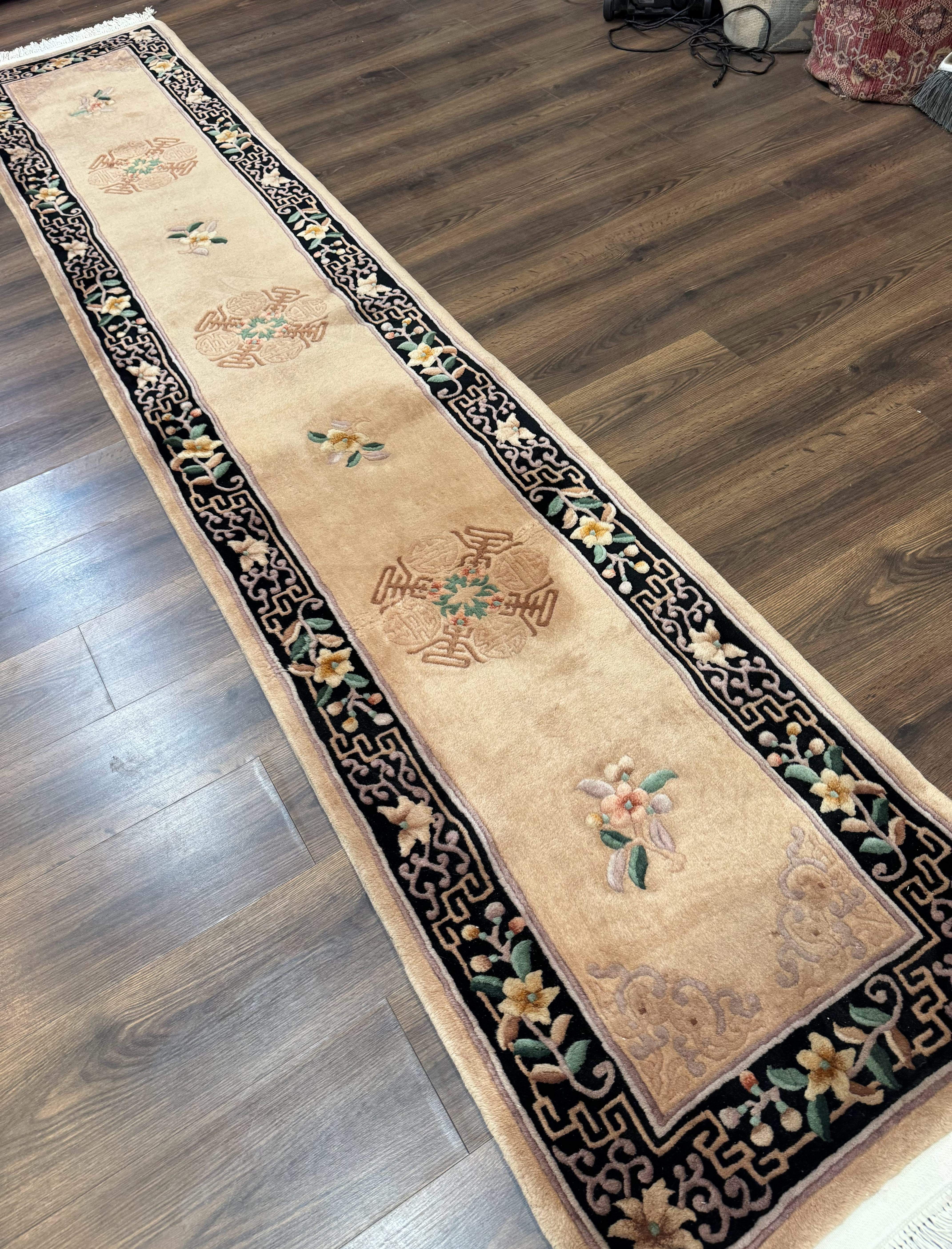 Chinese Wool Runner Rug 2 x 11.6, Vintage 90 Line Asian Oriental Carving Sculpted Hallway Rug - Jewel Rugs