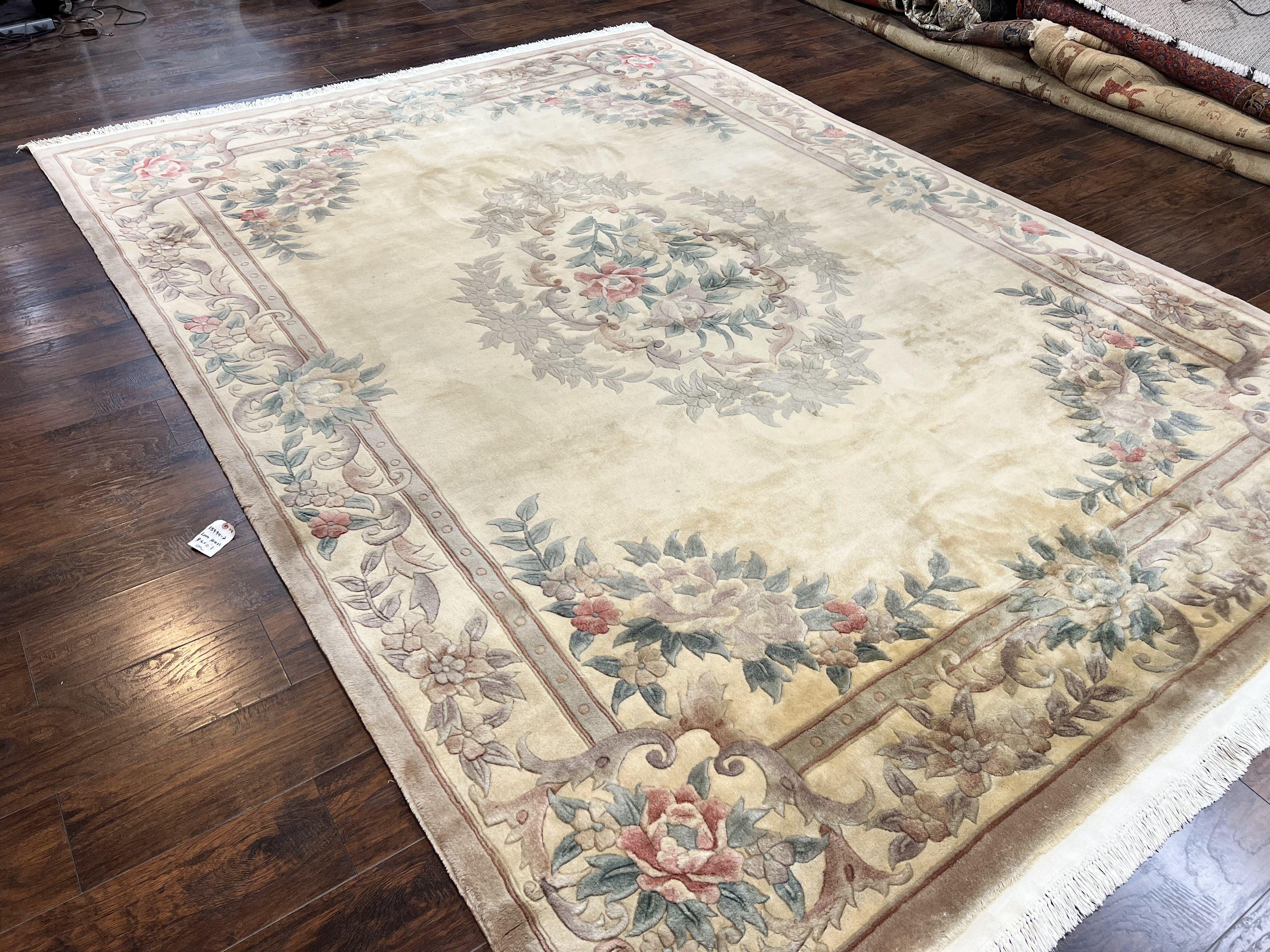 Chinese 90 Line Rug 9x12 ft, Vintage 1960s Chinese Wool Pile Aubusson Area Rug 9 x 12 ft, Tientsin Asian Oriental Rug, Floral - Jewel Rugs