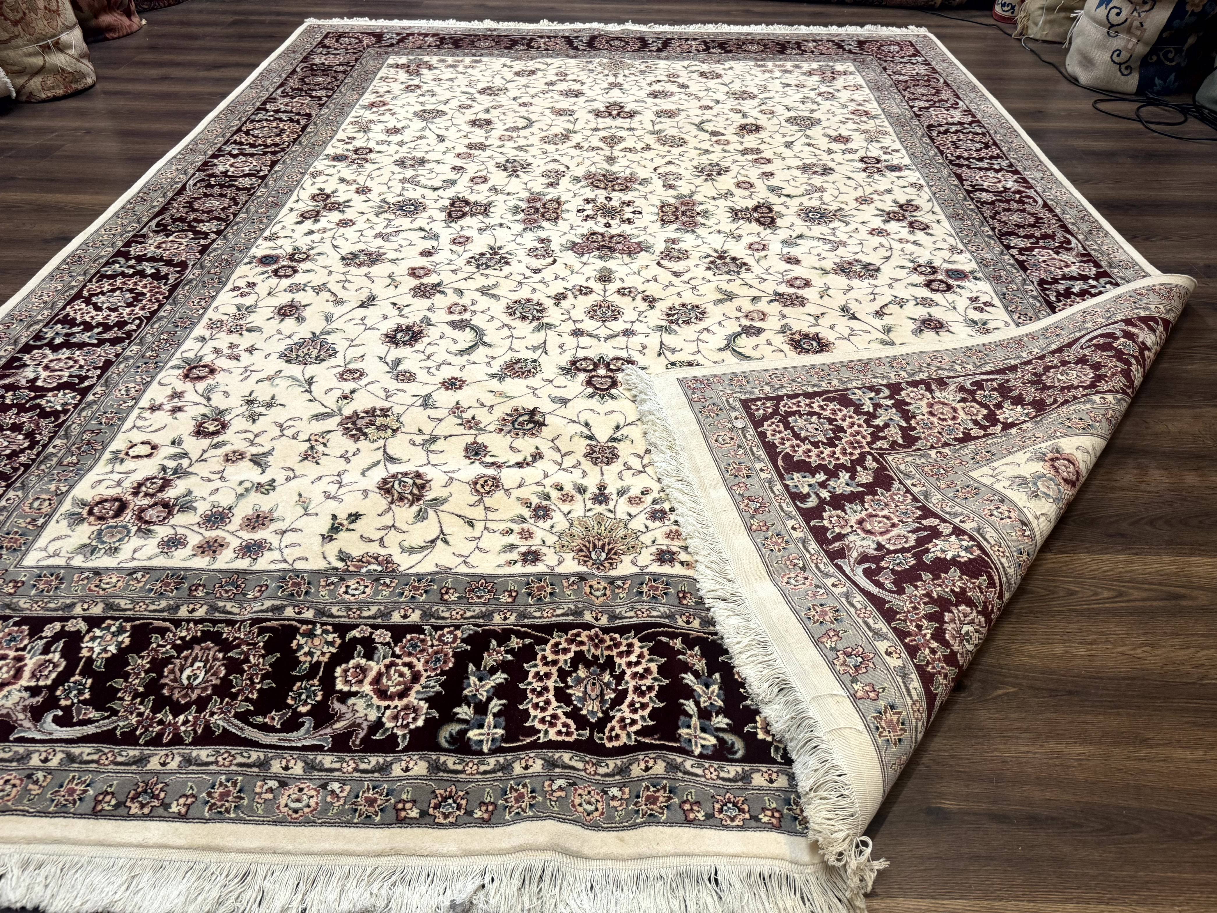 Sino Persian Rug 9x12, Floral Allover Design, 170 KPSI, Ivory and Dark Maroon - Jewel Rugs