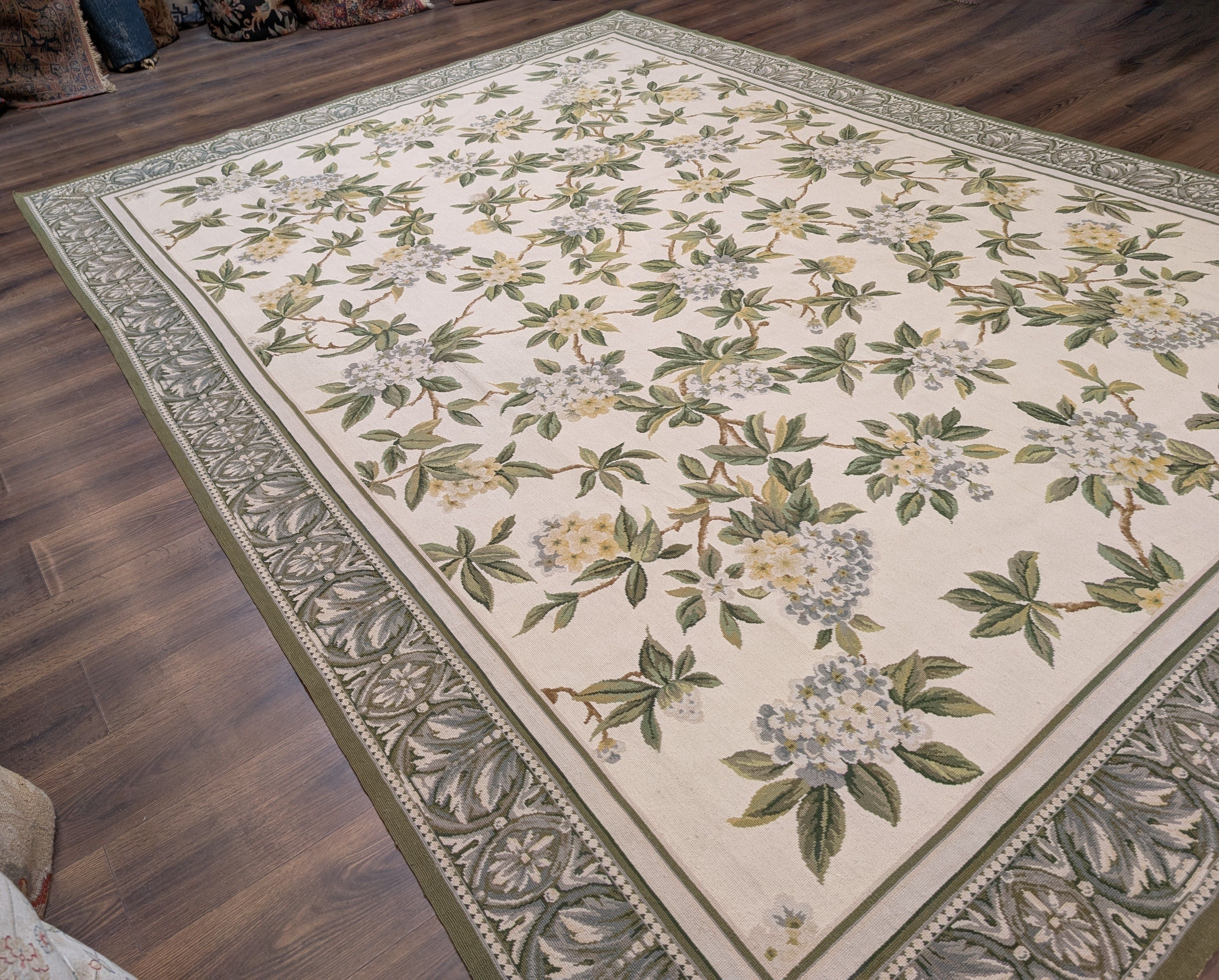 Needlepoint Rug 9x12, Floral, Ivory and Green, Wool - Jewel Rugs