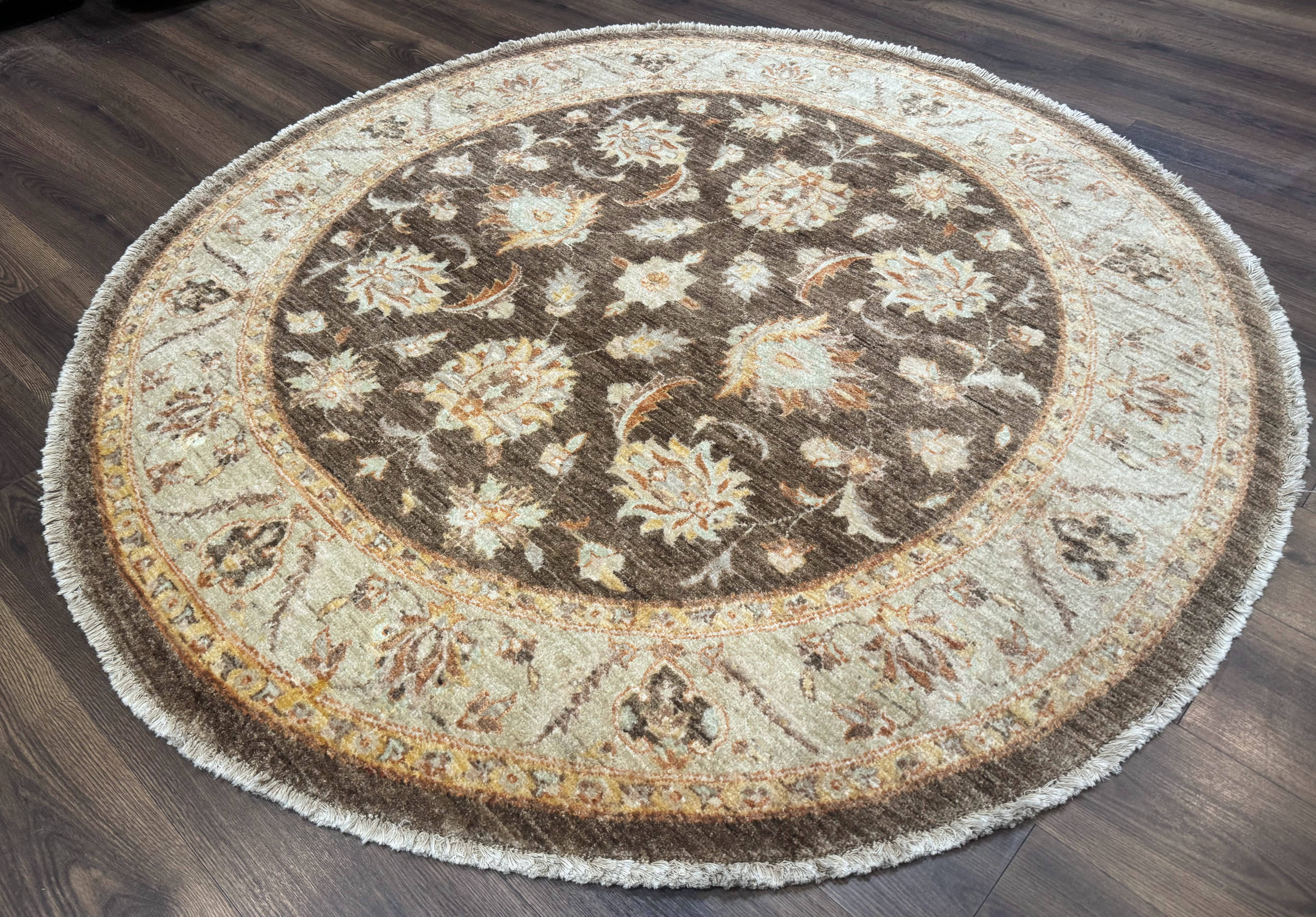 Round Pakistani Rug 6x6, Brown and Beige, Floral, Peshawar Rug, Traditional - Jewel Rugs