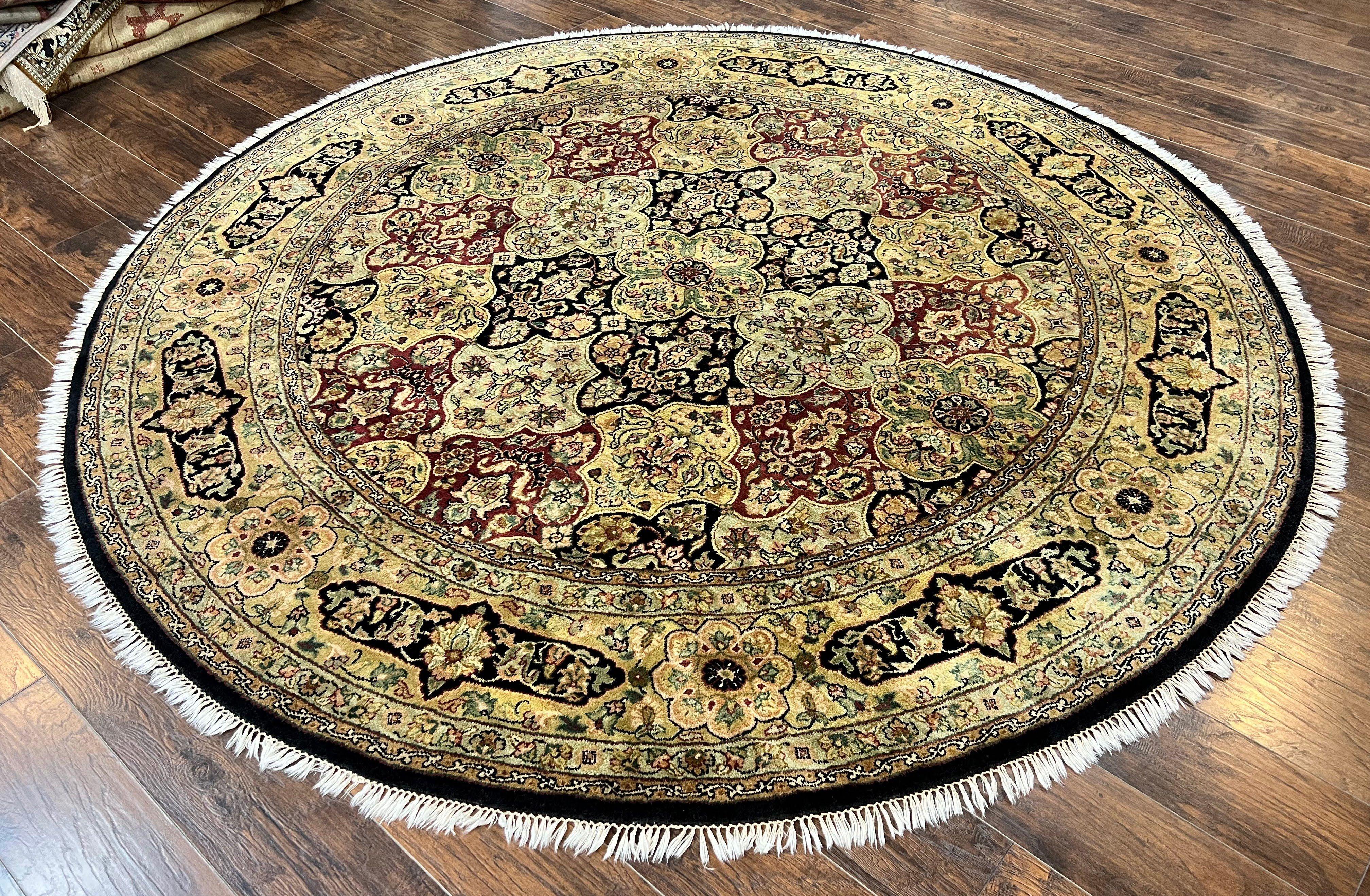 Indo Mahal Round Rug 9x9 ft, Large Circular Handmade Hand Knotted Area Rug, Red Midnight Blue Beige Wool Indian Oriental Carpet, Traditional - Jewel Rugs