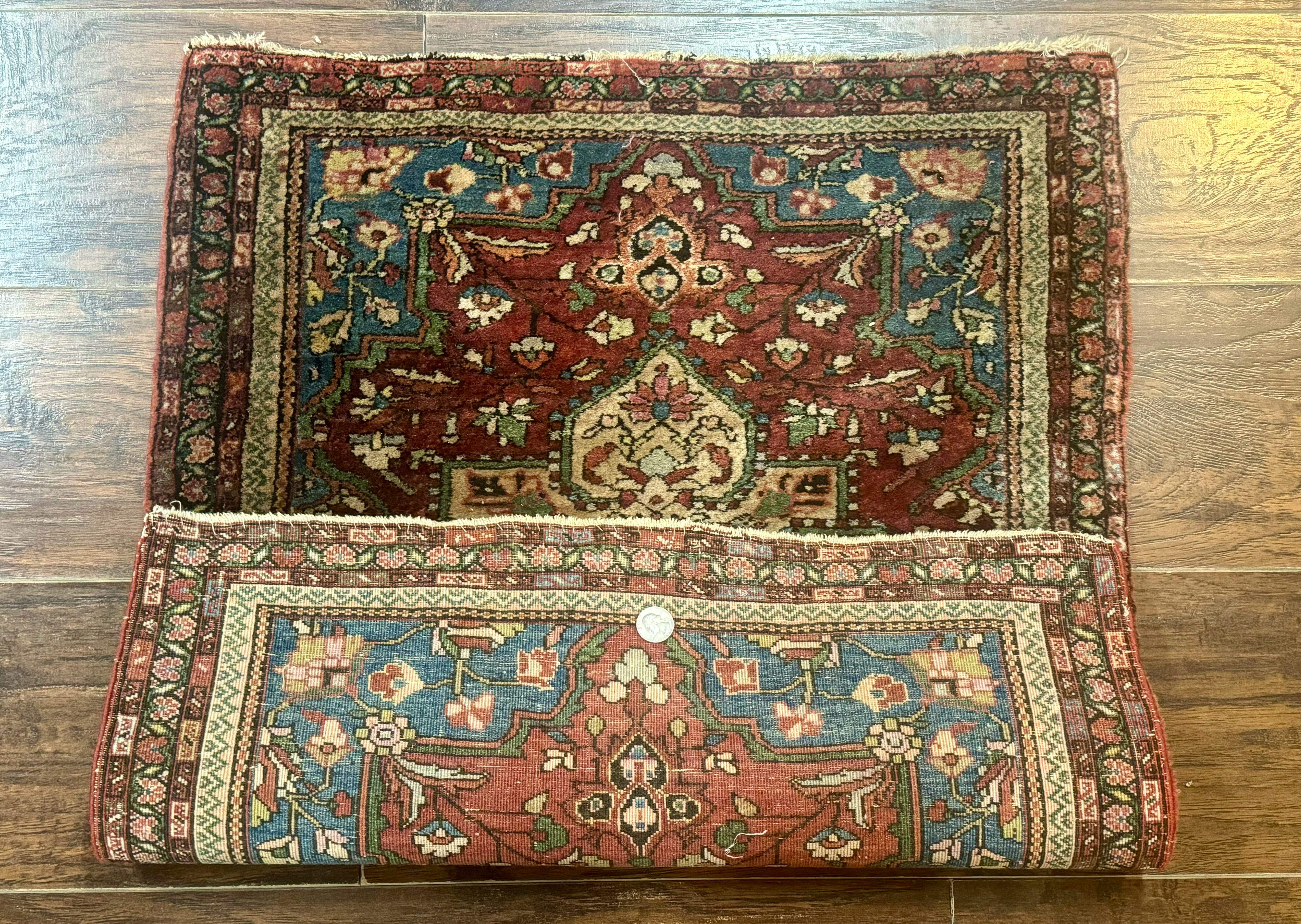 Sarouk Farahan Rug 2x3 - Rust Red and Light Blue, Handmade Wool Persian Small Scatter Rug, Antique, 225 KPSI - Jewel Rugs
