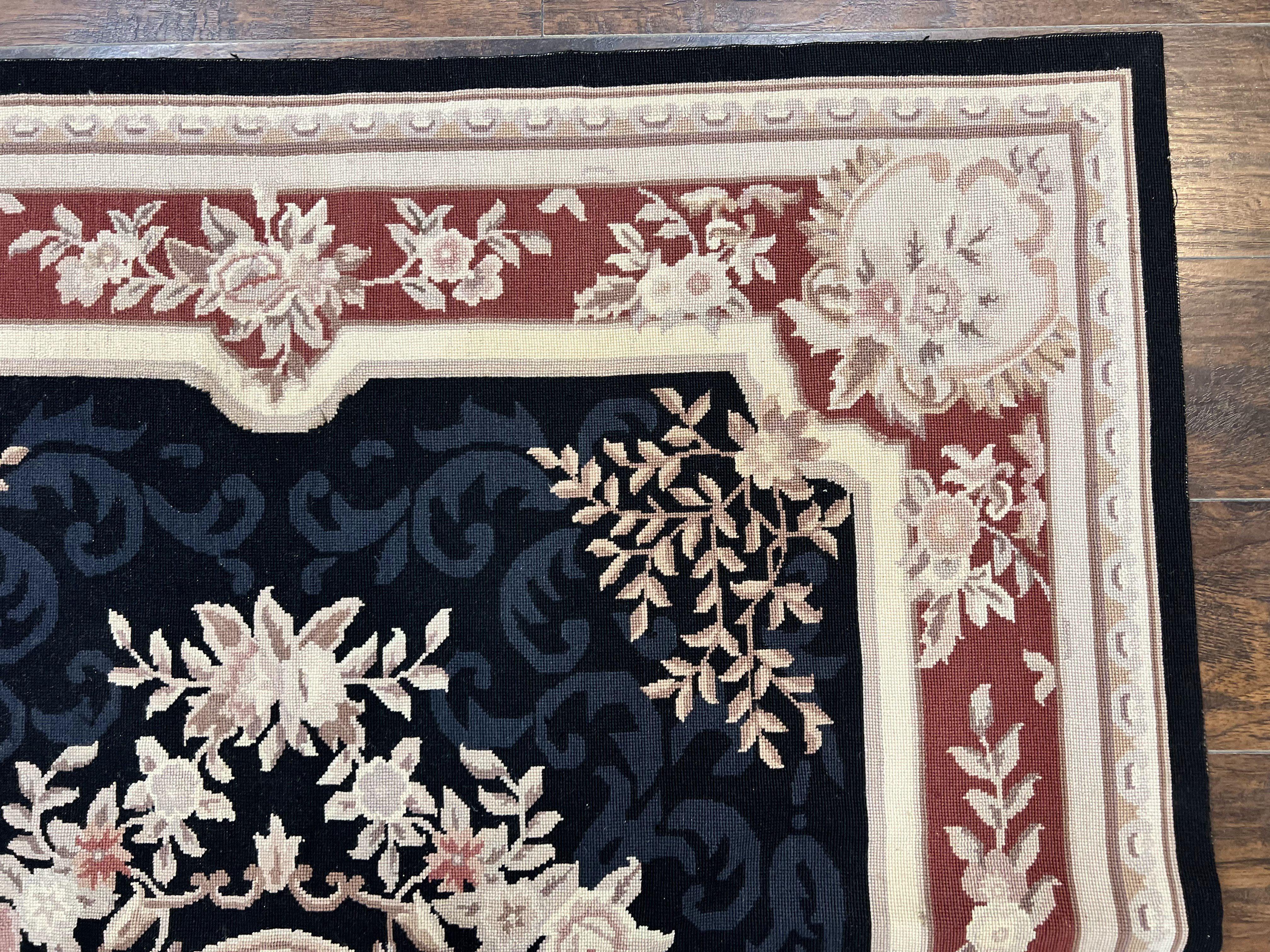 Needlepoint Rug 5x8, Wool Handmade Vintage European Design Carpet, Black & Maroon, French Aubusson Pattern Flatweave Rug - Jewel Rugs