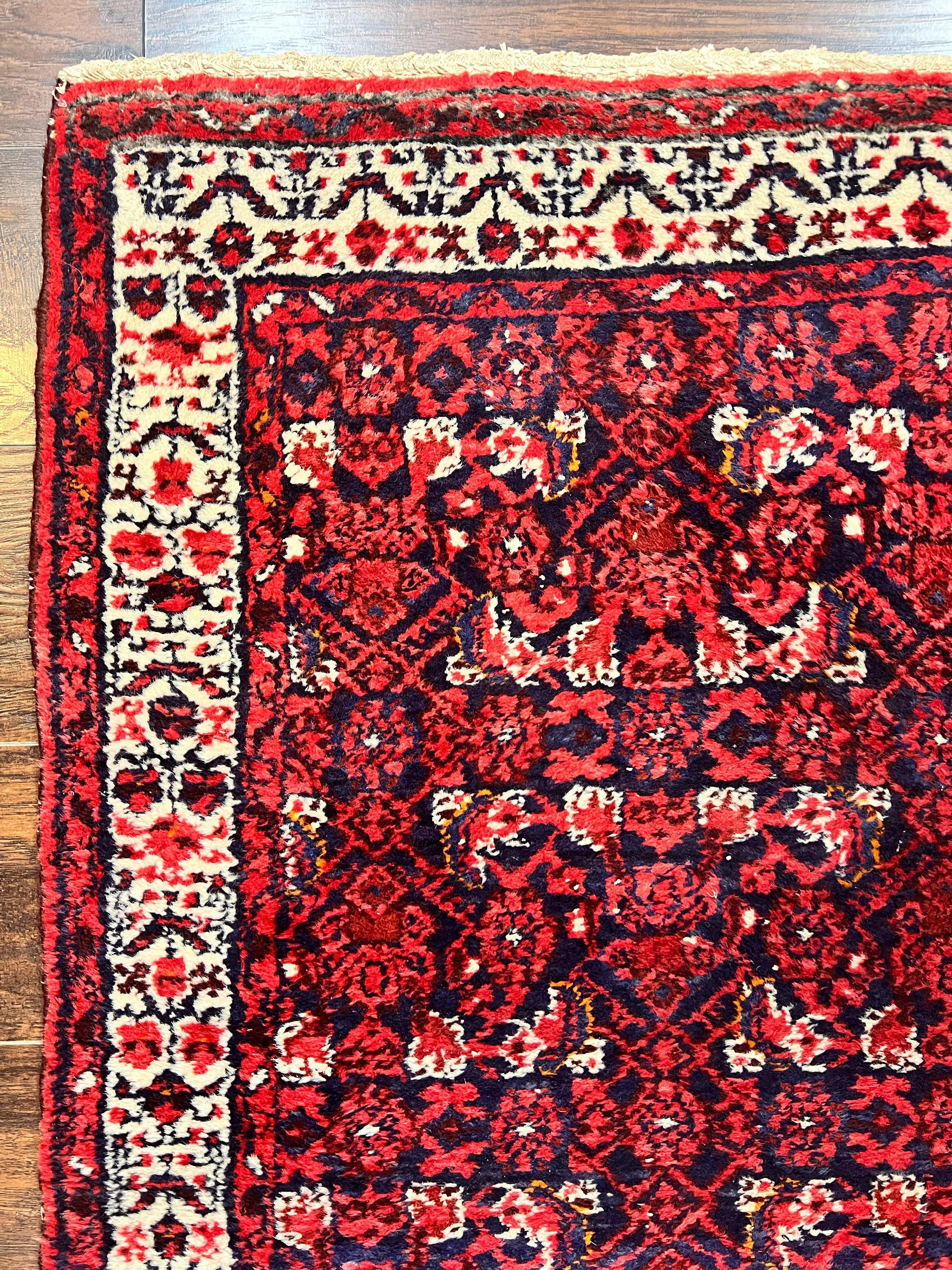 Persian Tribal Runner 3 x 9, Hamadan Dargazin Rug, Dark Blue and Red Wool Hand Knotted Hallway Rug, Vintage Antique Oriental Runner, 9ft Long Runner, Herati - Jewel Rugs