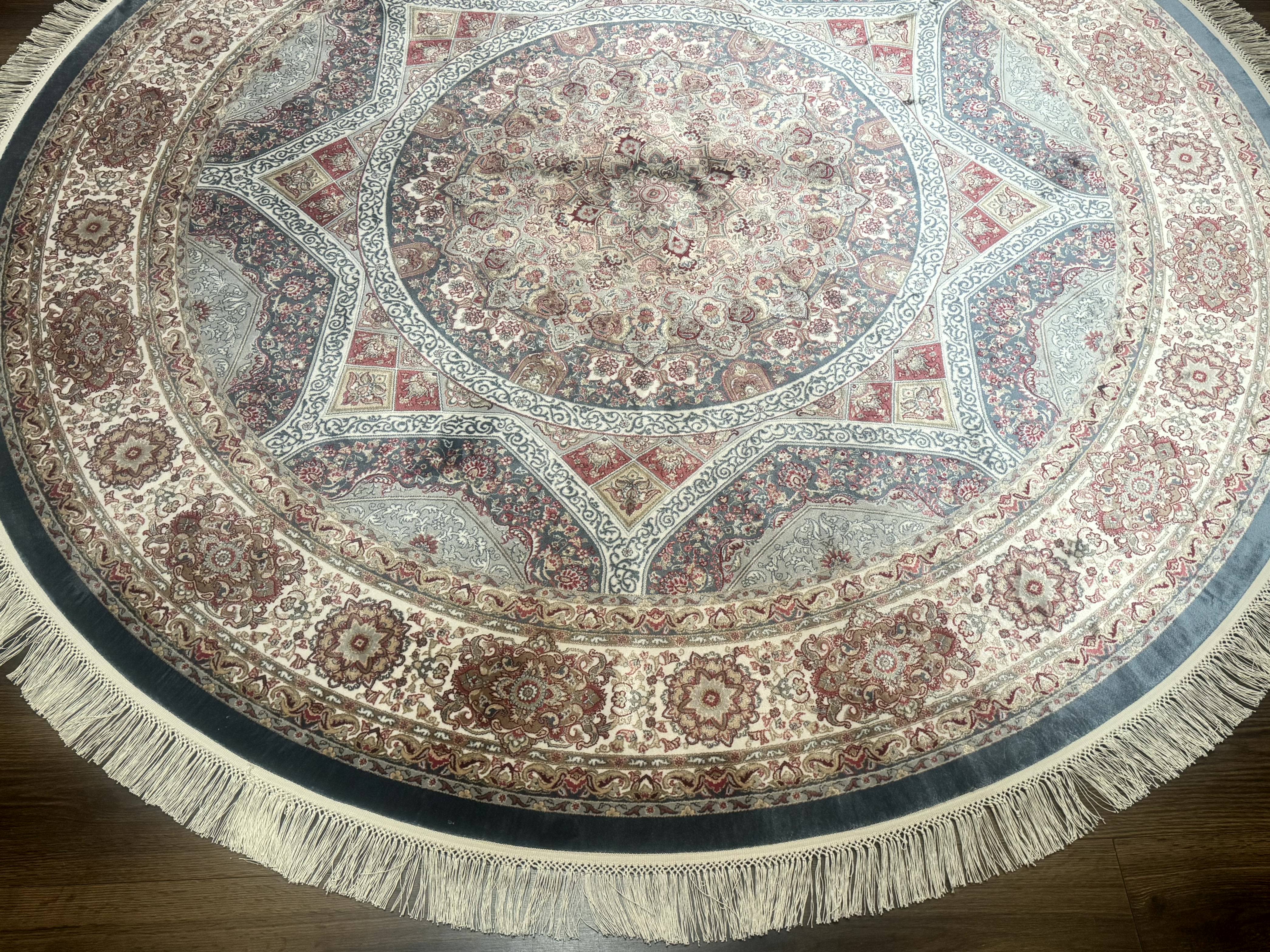 Round Silk Rug 6x6, Blue and Ivory, Turkish Silk Carpet, Bamboo Silk - Jewel Rugs