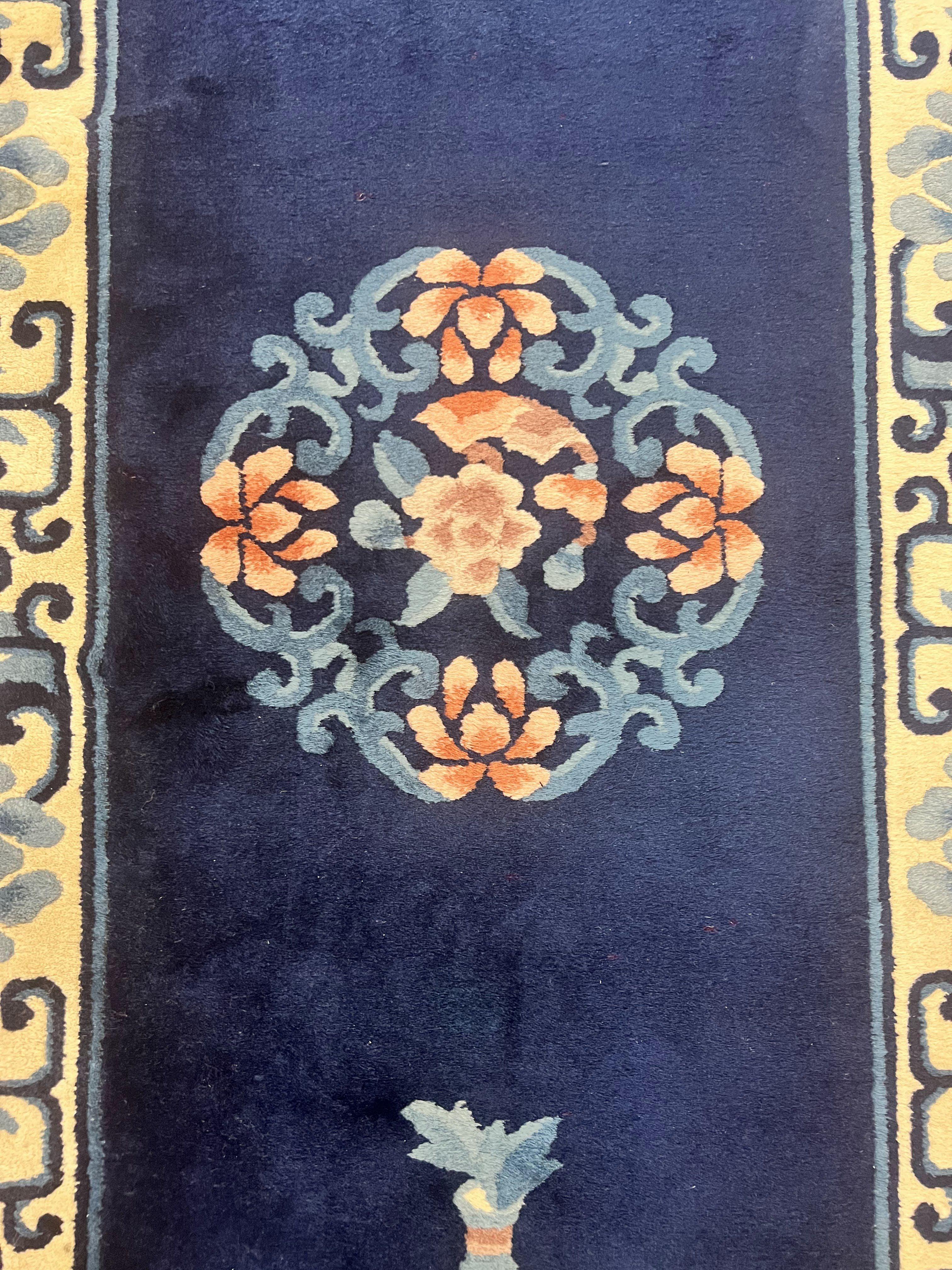 Chinese Wool Runner Rug 2.6 x 12, Blue and Beige, Handmade Vintage Wool Rug for Hallway, 12ft Runner, Asian Oriental Art Deco 90 Line Rug - Jewel Rugs