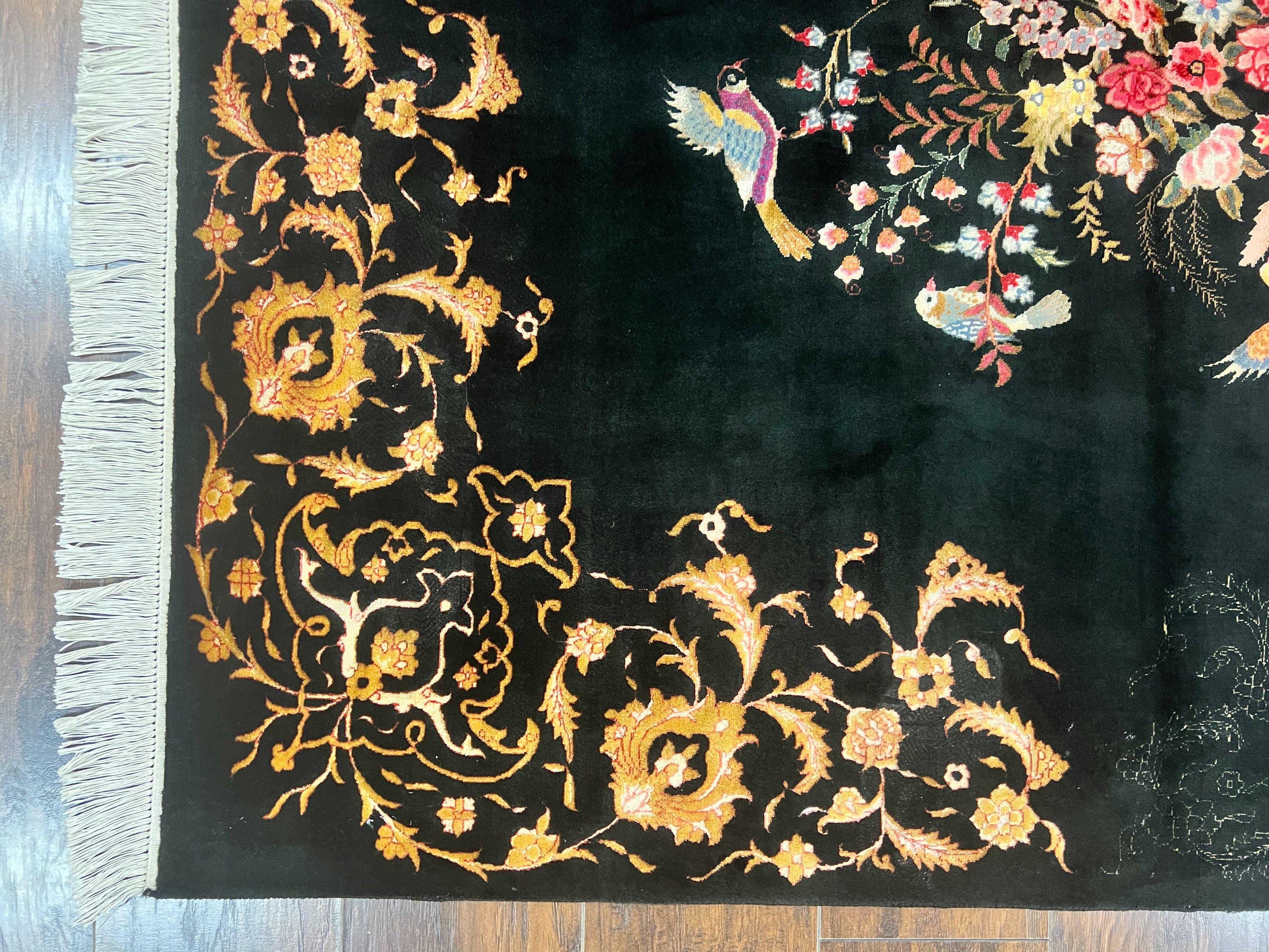 Persian Tabriz Rug 5x5, Wool & Silk Hand Knotted Antique Carpet, Black Square Rug, Floral Bird Motifs, 50 Raj 330 KPSI Very Fine - Jewel Rugs