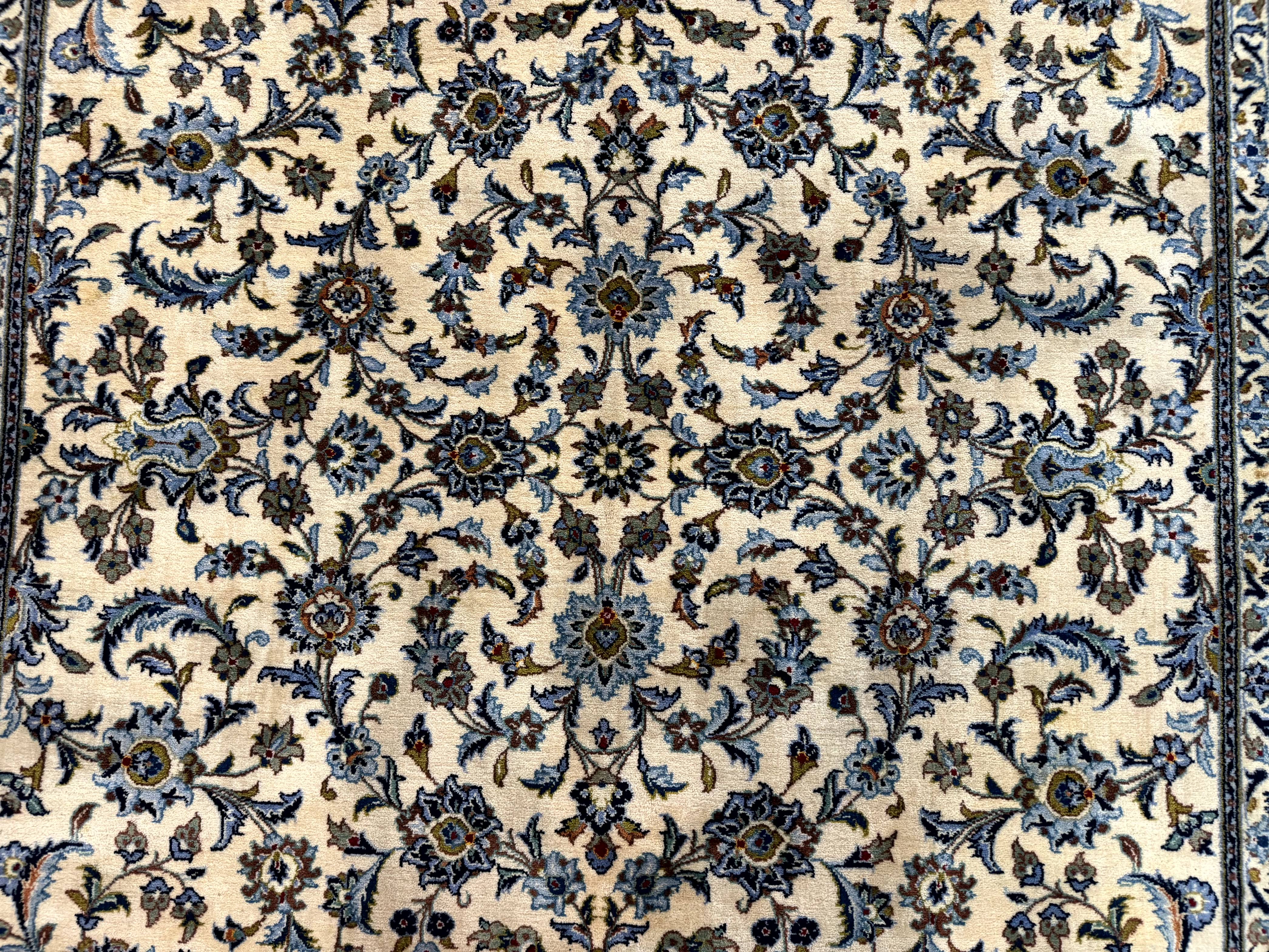 Persian Kashan Rug 8x11, Ivory Blue Green, Floral Allover, Signed By Masterweaver - Jewel Rugs