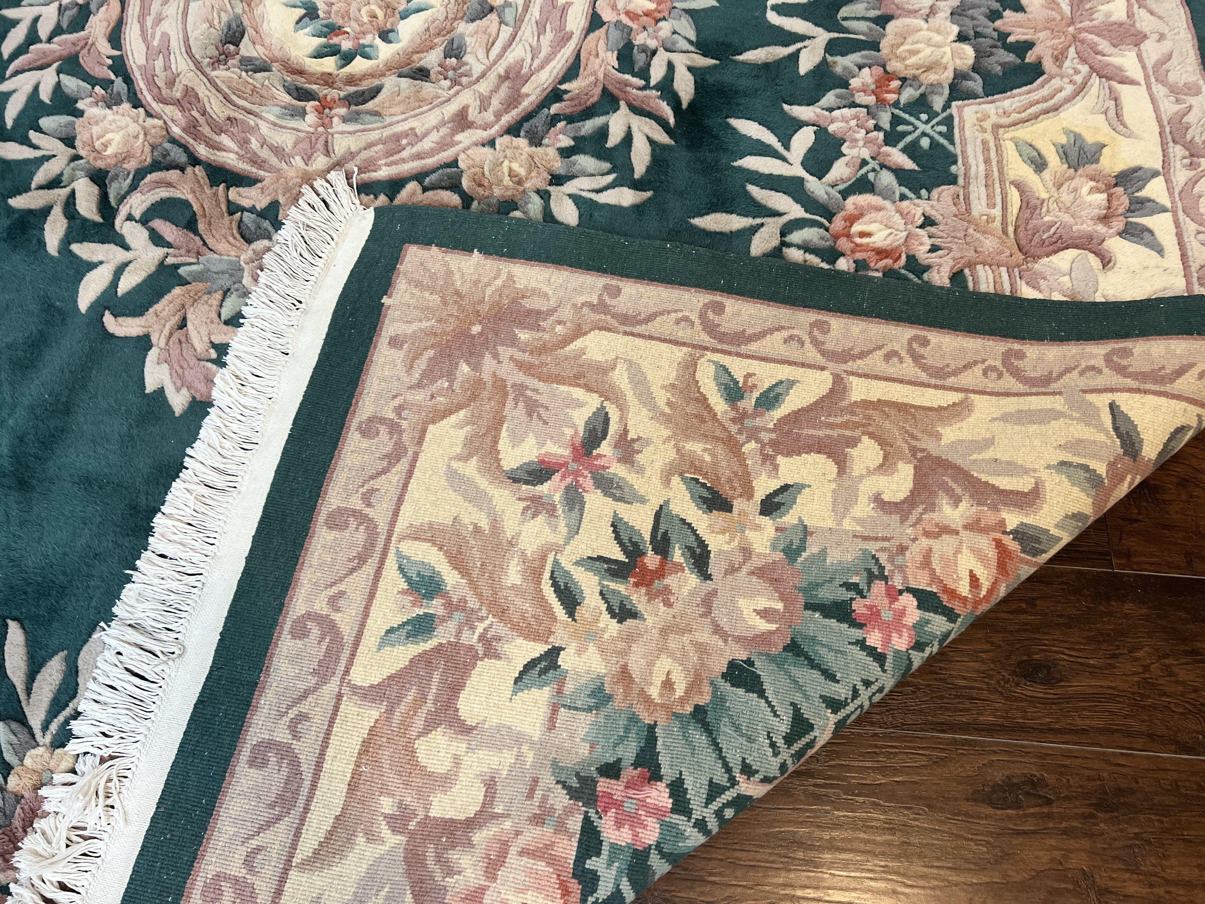 Chinese Wool Rug 9x11, Chinese Aubusson Carpet 9 x 11, Green and Cream, 120 Line, Handmade Room Sized Plush Pile, Vintage Rug - Jewel Rugs