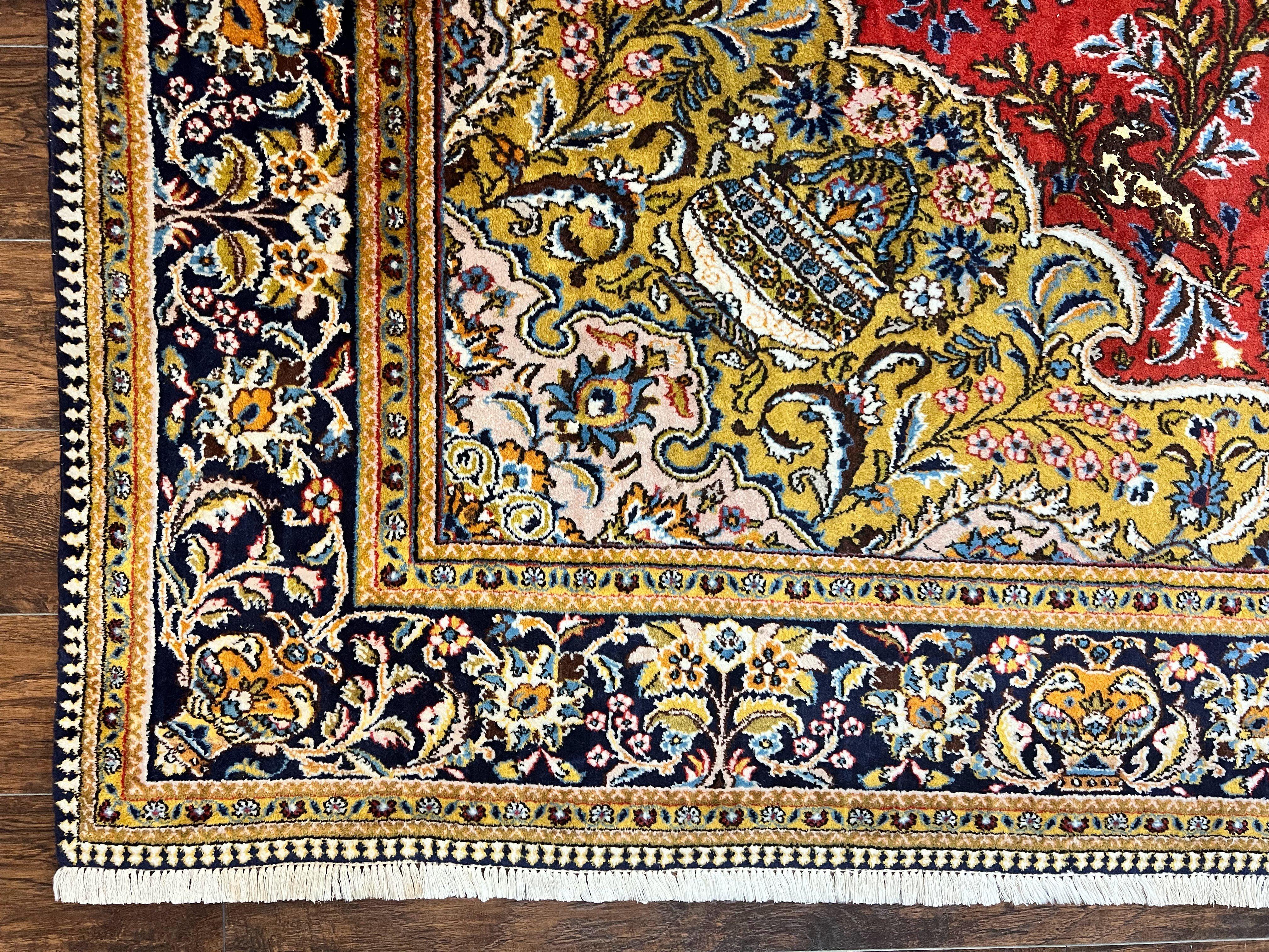 Wonderful Persian Qum Rug 10x14, Wool w/ Silk Highlights, Hand Knotted Semi Antique Vintage Carpet, Red, Floral, Fine Weave, Birds Deer Pictorials - Jewel Rugs