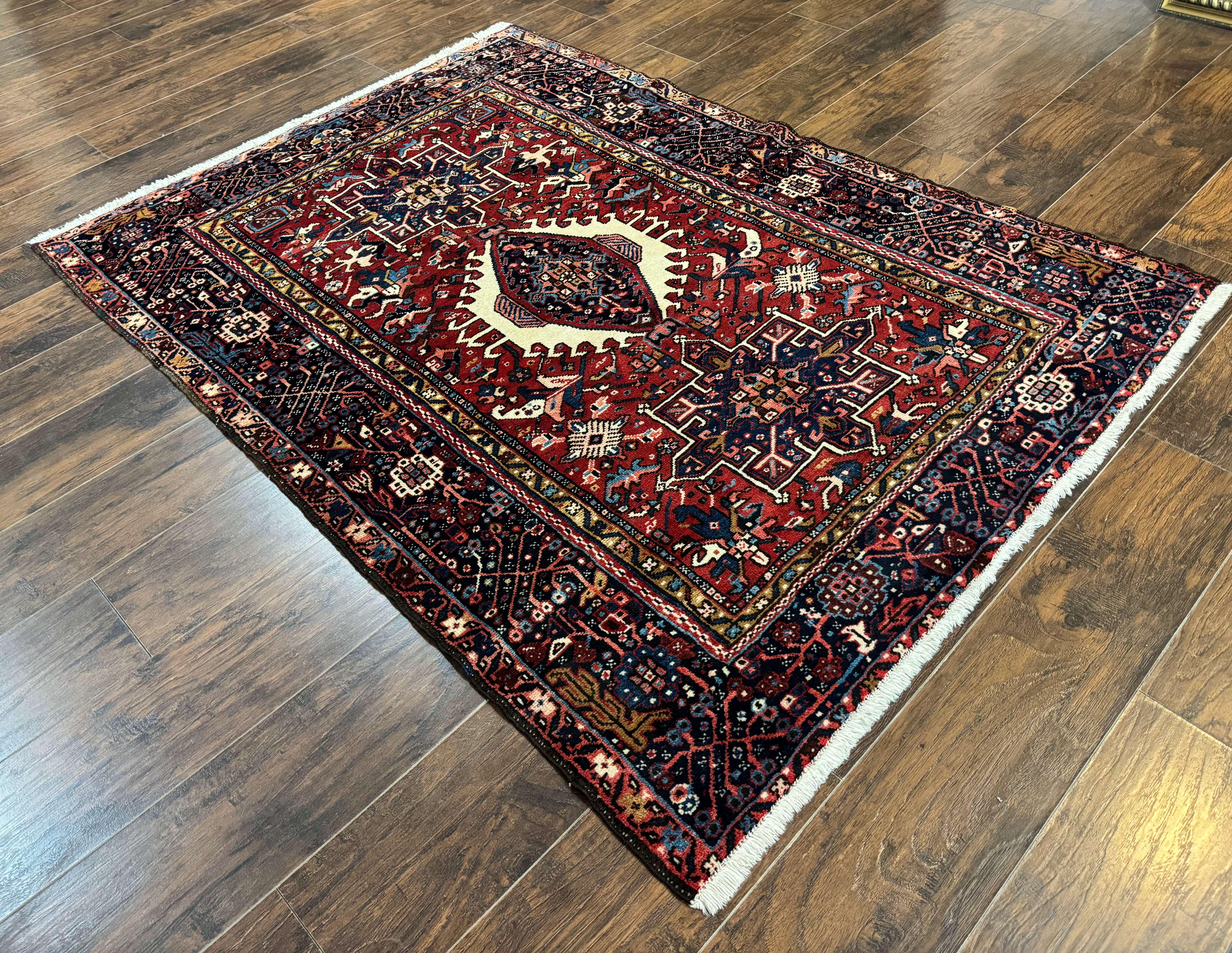 Persian Karajeh Rug 5x6, Antique Heriz Carpet, Geometric, Persian Tribal Rug, Brick Red Navy Blue - Jewel Rugs