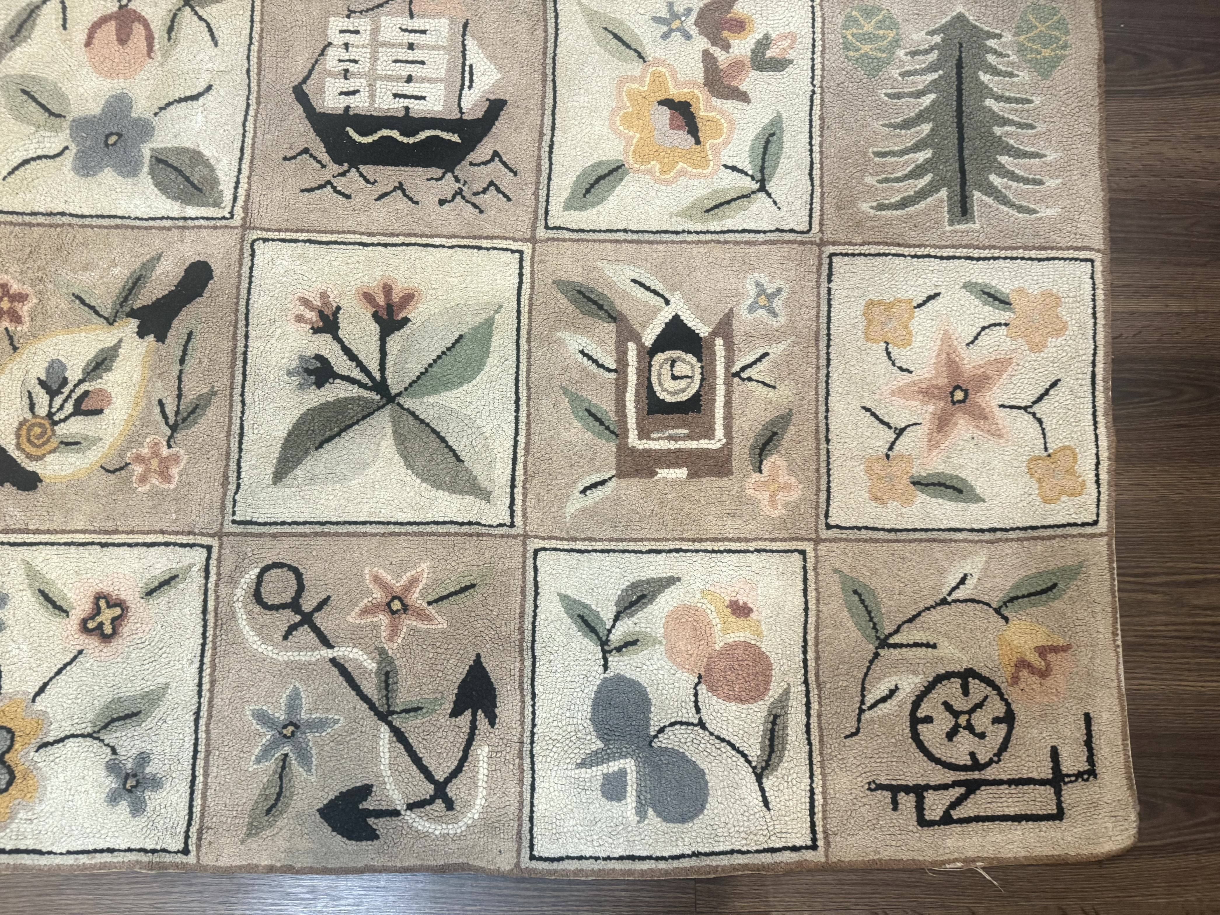 American Hooked Rug 6x9, Panel Design, Vintage, Ivory & Soft Pink - Jewel Rugs