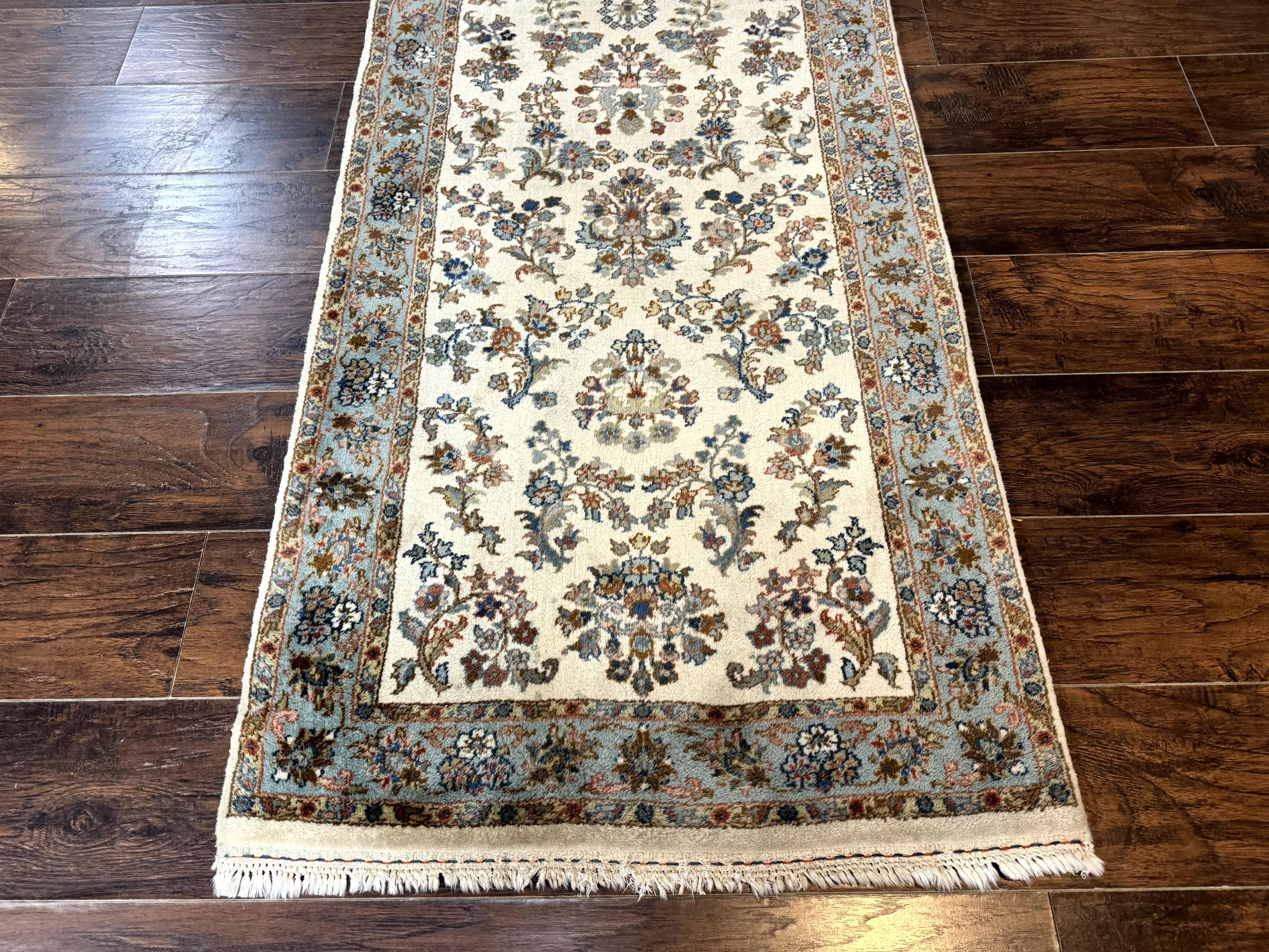Indo Persian Sarouk Runner Rug 3x12, Cream and Light Blue, Oriental Runner for Hallway or Kitchen 3 x 12 - Jewel Rugs