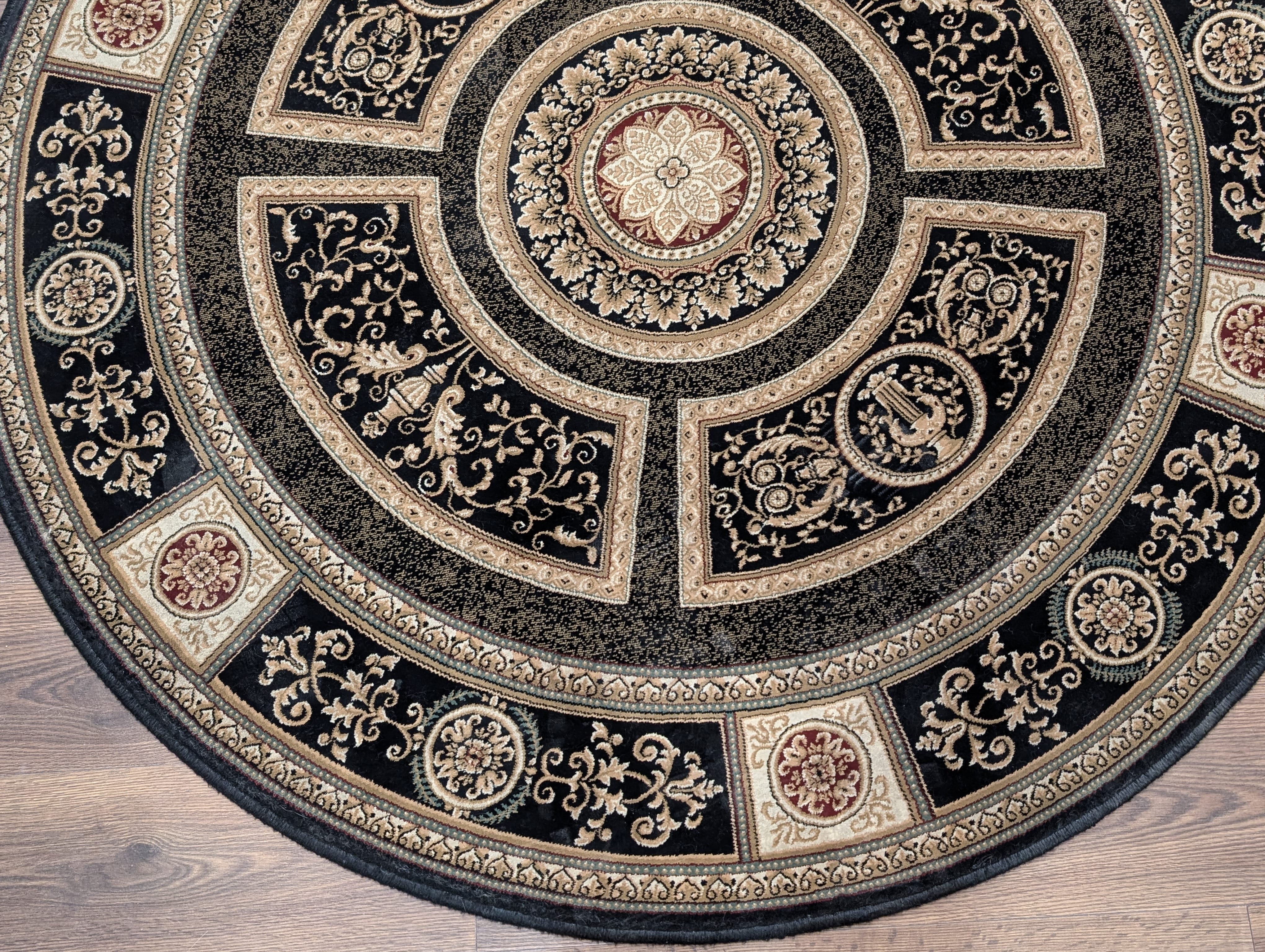 Round Aubusson Rug 5x5 ft, Black, Savonnerie, French Design - Jewel Rugs